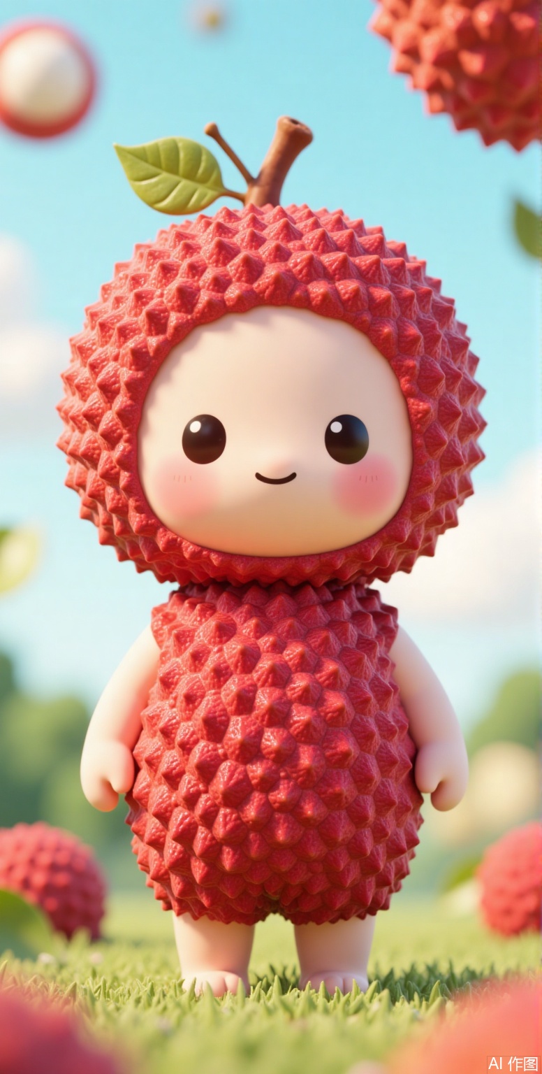 
lychee, , The image depicts a cute, stylized character that resembles a fruit, specifically a lychee, with a round face, large black eyes, and a small smile. The character is wearing a red, spiky, textured suit that mimics the appearance of a lychee fruit. A small green leaf is attached to the top of the character's head, and the background is a soft, pastel blue sky with more lychee fruits and greenery scattered around. The overall scene has a whimsical and playful feel, with the character standing on a grassy surface.