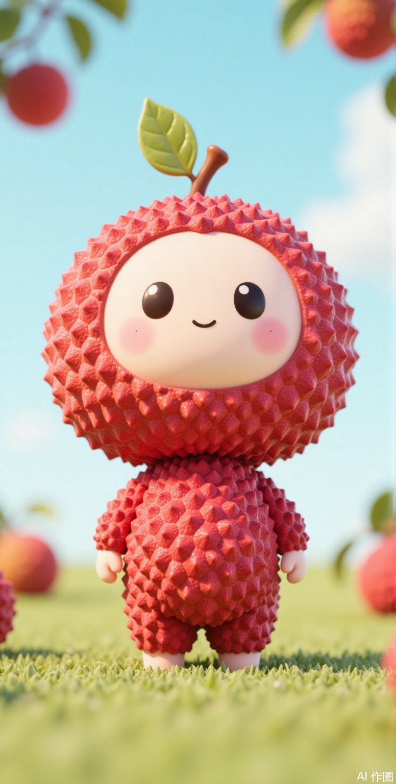 
lychee, , The image depicts a cute, stylized character that resembles a fruit, specifically a lychee, with a round face, large black eyes, and a small smile. The character is wearing a red, spiky, textured suit that mimics the appearance of a lychee fruit. A small green leaf is attached to the top of the character's head, and the background is a soft, pastel blue sky with more lychee fruits and greenery scattered around. The overall scene has a whimsical and playful feel, with the character standing on a grassy surface.