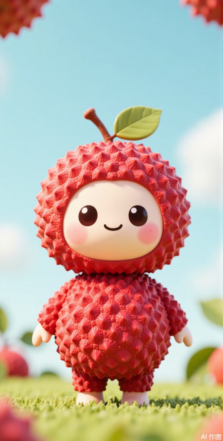 
lychee, , The image depicts a cute, stylized character that resembles a fruit, specifically a lychee, with a round face, large black eyes, and a small smile. The character is wearing a red, spiky, textured suit that mimics the appearance of a lychee fruit. A small green leaf is attached to the top of the character's head, and the background is a soft, pastel blue sky with more lychee fruits and greenery scattered around. The overall scene has a whimsical and playful feel, with the character standing on a grassy surface.