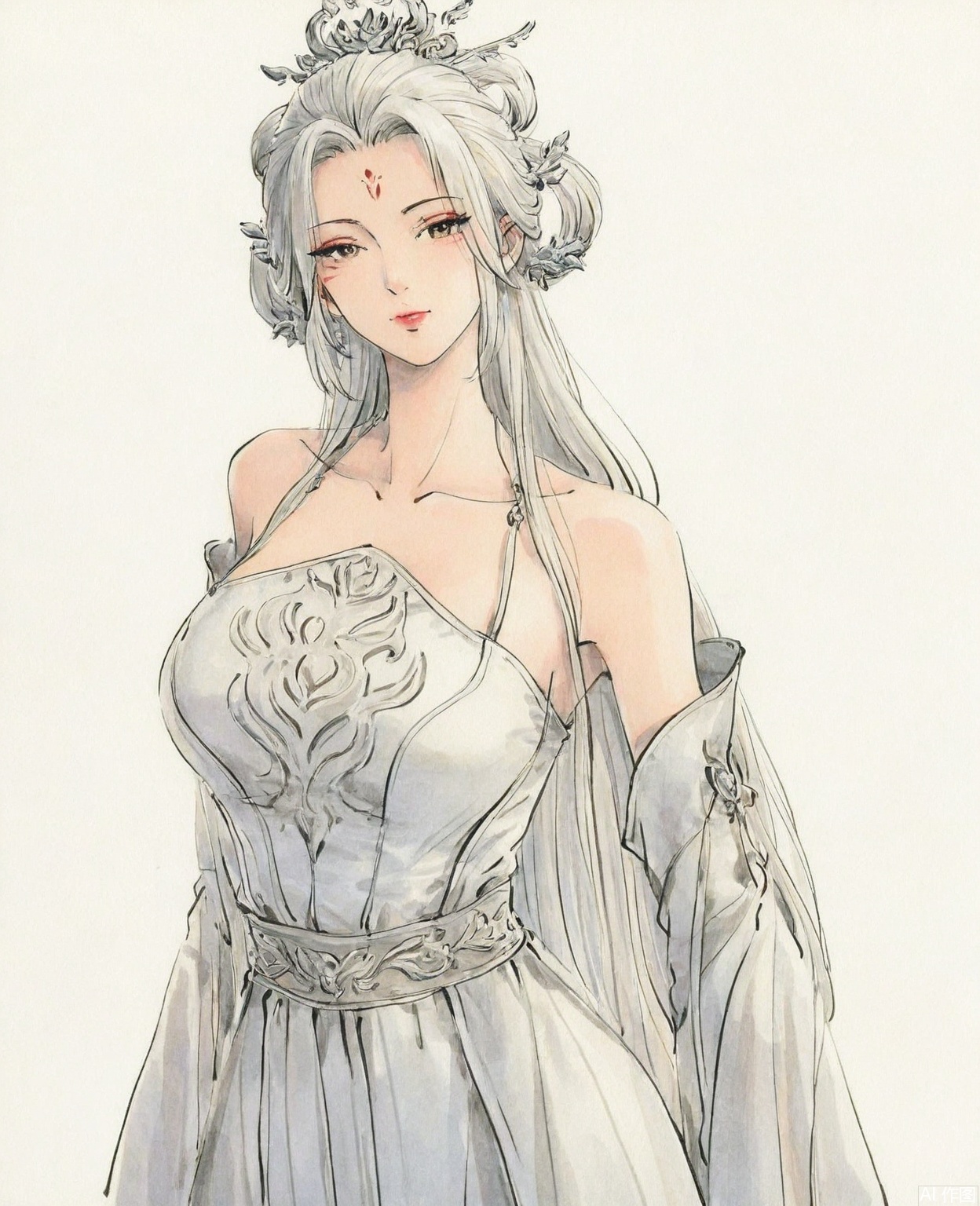 ((very awa)),solo,highly detailed,(best quality),((masterpiece)),1girl,chi,,ge,,traditional media,painting \(medium\),watercolor \(medium\),looking_at_viewer,mature female,,xiaobai,long hair,white hair,white dress,forehead mark,facial mark,bare shoulders,hair ornament,simple background,,mature female,