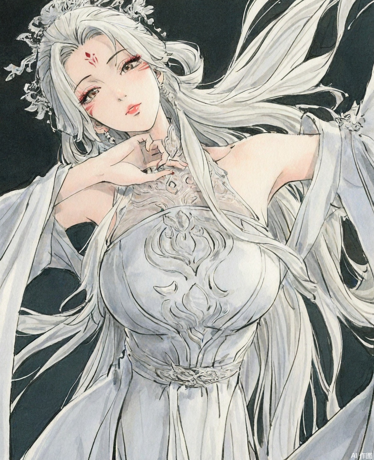 ((very awa)),solo,highly detailed,(best quality),((masterpiece)),1girl,chi,,ge,,traditional media,painting \(medium\),watercolor \(medium\),looking_at_viewer,mature female,,xiaobai,long hair,white hair,white dress,forehead mark,facial mark,bare shoulders,hair ornament,simple background,,