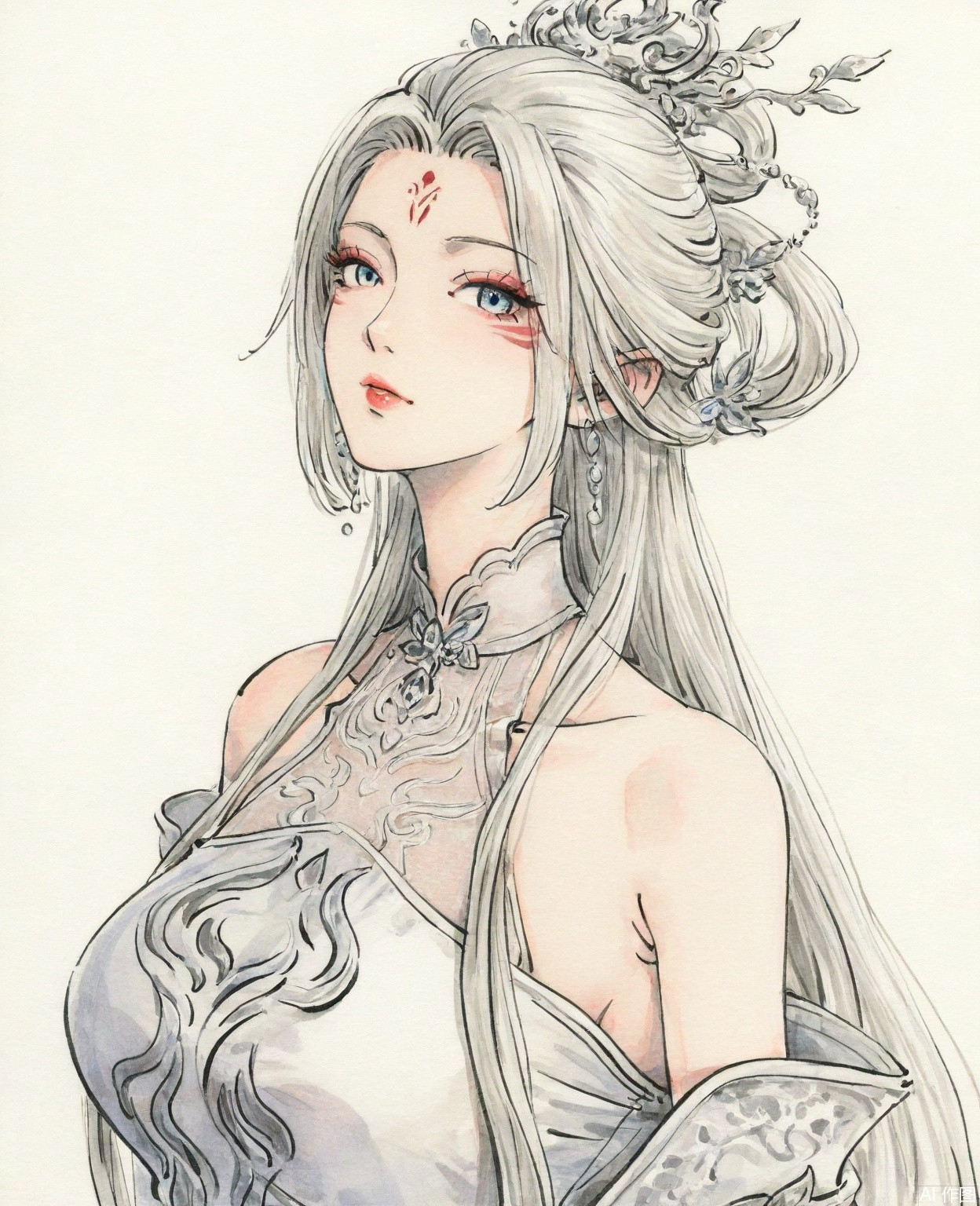 ((very awa)),solo,highly detailed,(best quality),((masterpiece)),1girl,chi,,ge,,traditional media,painting \(medium\),watercolor \(medium\),looking_at_viewer,mature female,,xiaobai,long hair,white hair,white dress,forehead mark,facial mark,bare shoulders,hair ornament,simple background,,