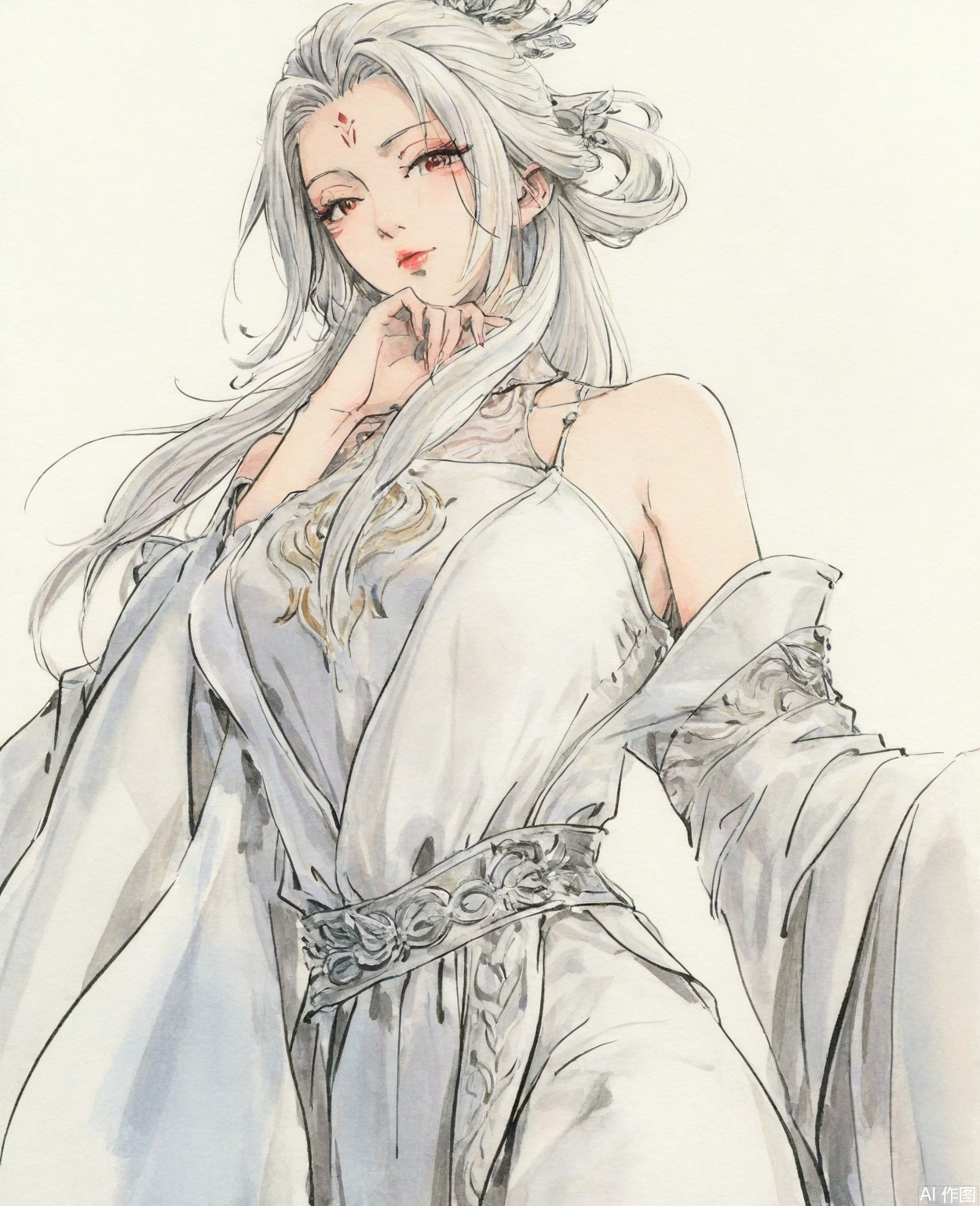 ((very awa)),solo,highly detailed,(best quality),((masterpiece)),1girl,chi,,ge,,traditional media,painting \(medium\),watercolor \(medium\),looking_at_viewer,mature female,,xiaobai,long hair,white hair,white dress,forehead mark,facial mark,bare shoulders,hair ornament,simple background,,mature female,