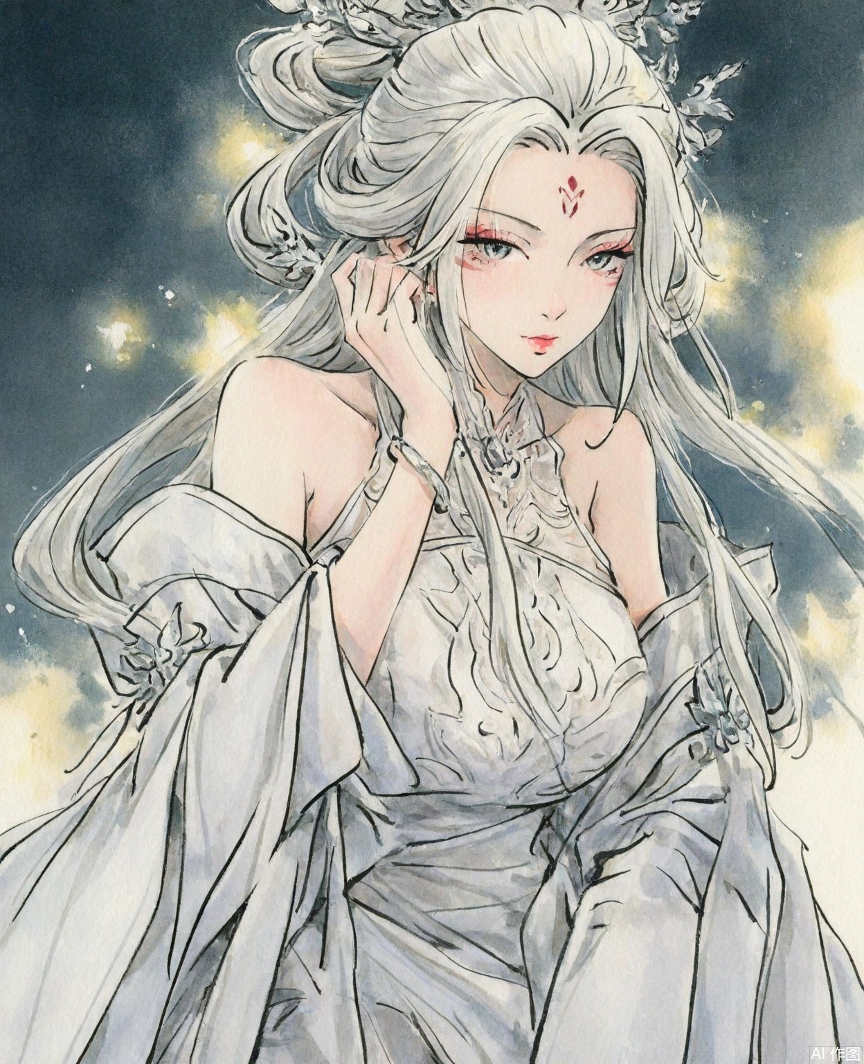 ((very awa)),solo,highly detailed,(best quality),((masterpiece)),1girl,chi,,ge,,traditional media,painting \(medium\),watercolor \(medium\),looking_at_viewer,mature female,,xiaobai,long hair,white hair,white dress,forehead mark,facial mark,bare shoulders,hair ornament,simple background,,