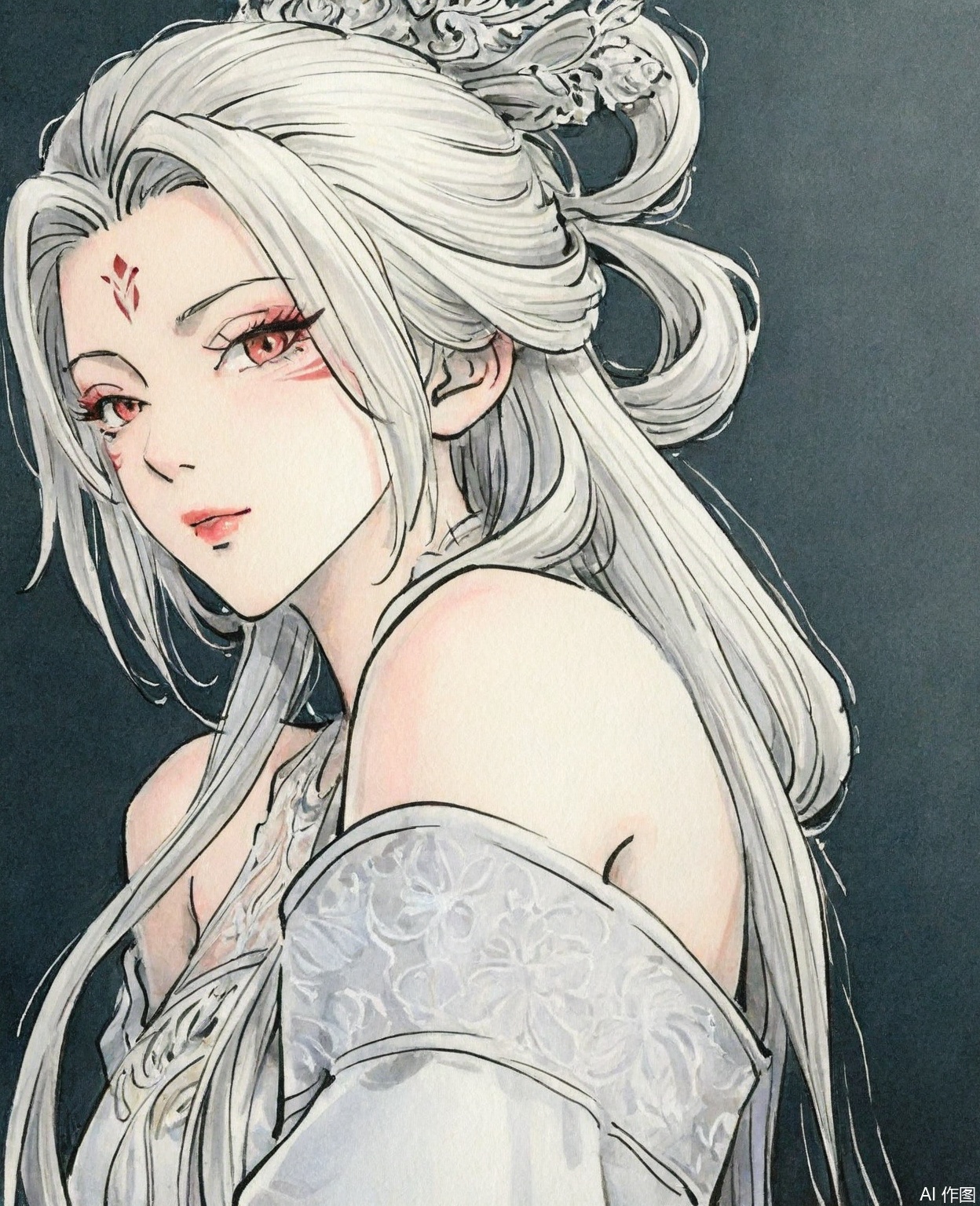 ((very awa)),solo,highly detailed,(best quality),((masterpiece)),1girl,chi,,ge,,traditional media,painting \(medium\),watercolor \(medium\),looking_at_viewer,mature female,,xiaobai,long hair,white hair,white dress,forehead mark,facial mark,bare shoulders,hair ornament,simple background,,mature female,