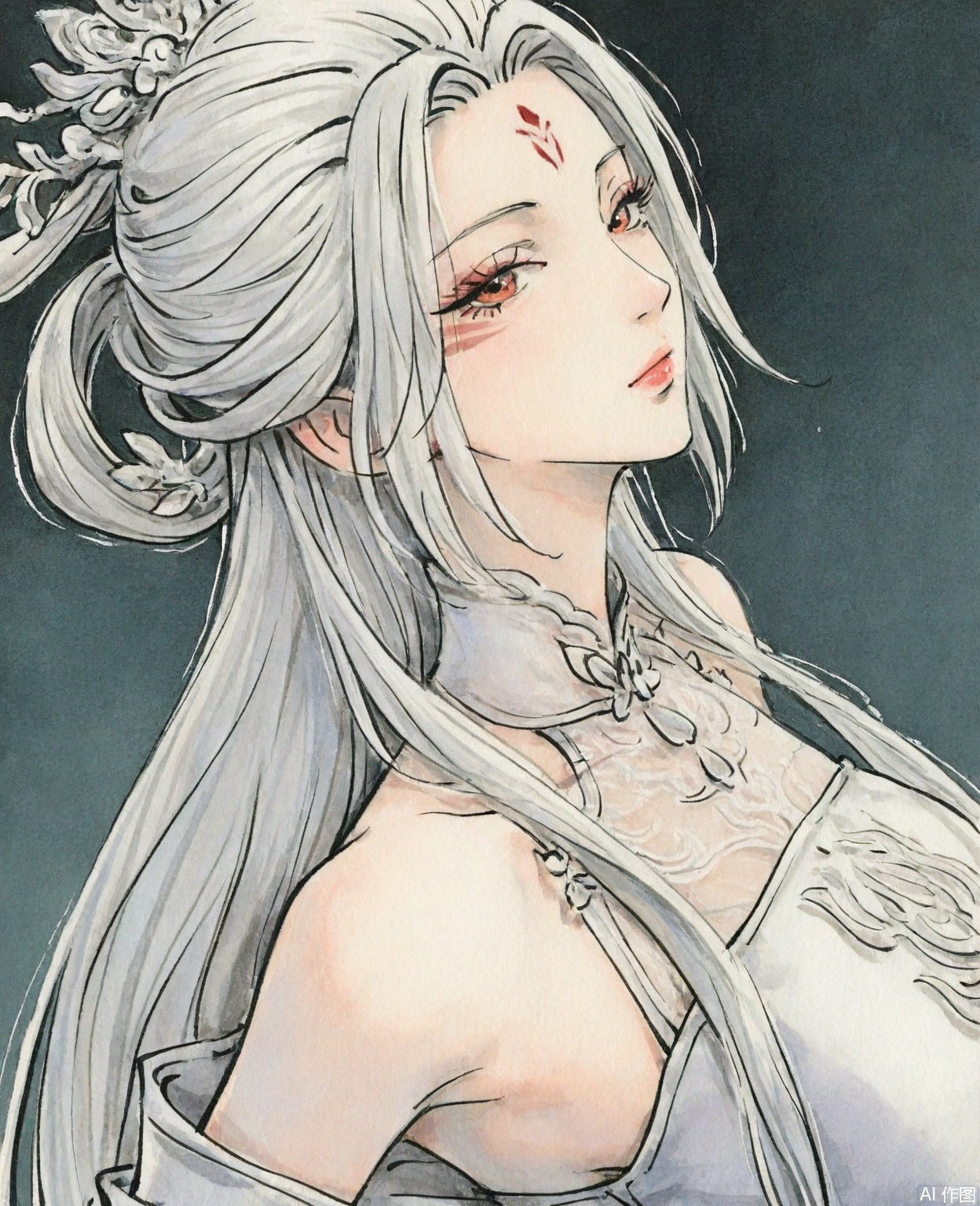 ((very awa)),solo,highly detailed,(best quality),((masterpiece)),1girl,chi,,ge,,traditional media,painting \(medium\),watercolor \(medium\),looking_at_viewer,mature female,,xiaobai,long hair,white hair,white dress,forehead mark,facial mark,bare shoulders,hair ornament,simple background,,mature female,