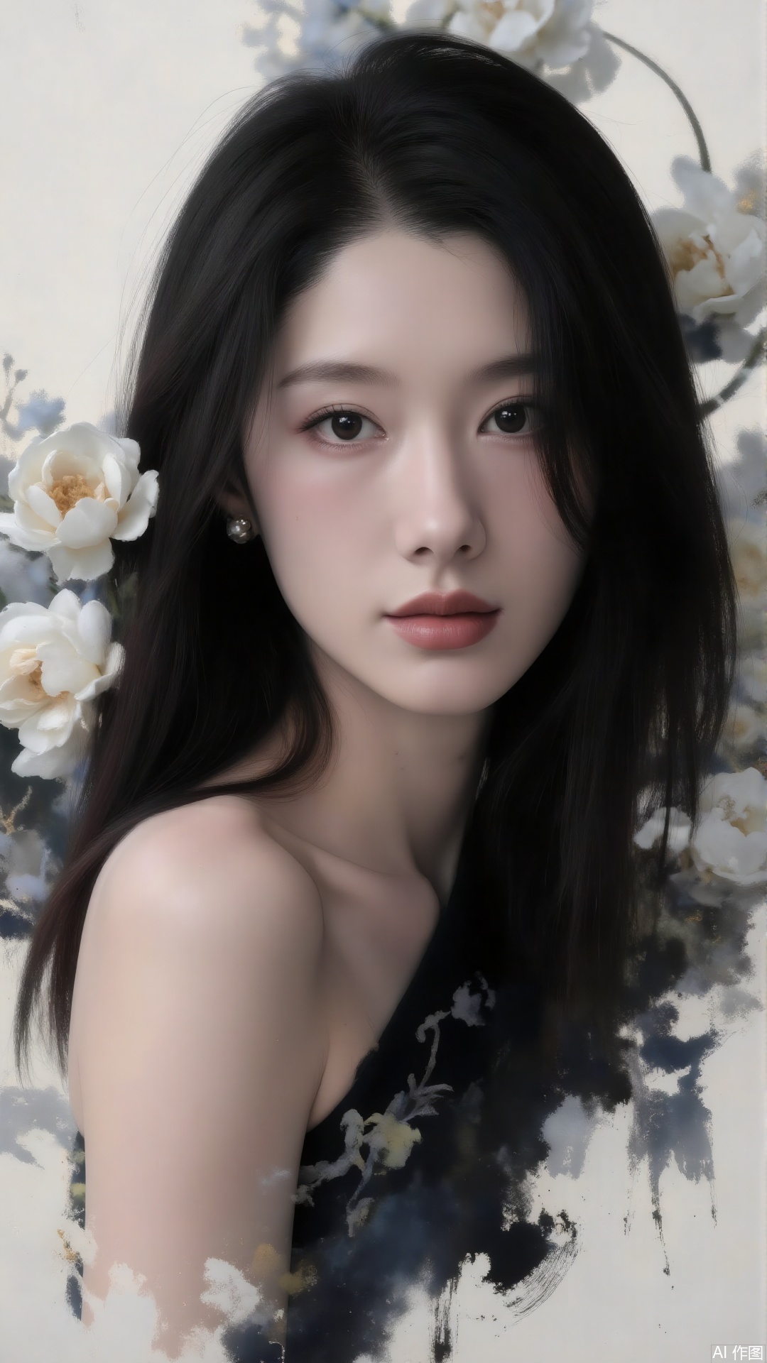 This illustration skillfully integrates Eastern aesthetics with fashion.her figure gently wrapped by light and shadow, with the reflection elongating loneliness. In the interweaving of light and shadow, her silent emotions towards the world are hidden, quiet and profound...jzbj,Mirror-reflective Background,Ink Wash Painting