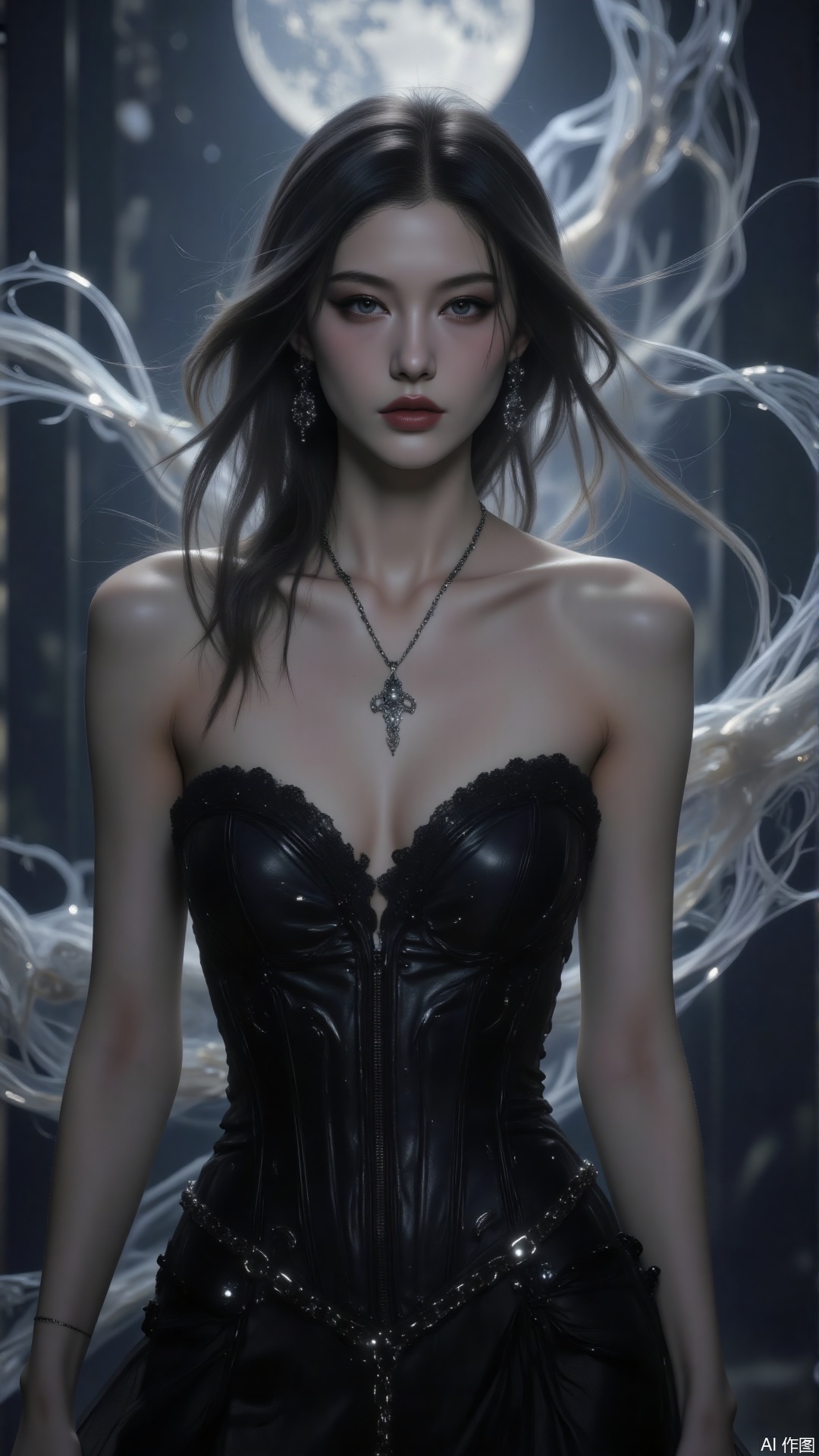 Under the cold moonlight, long hair with silver - gray highlights cascades like a waterfall. Her angular face is sculpted into a stern silhouette by the light and shadow. Ice - blue eyes under smoky makeup seem to hold stars within. She wears a black leather corset dress, and metallic chain decorations glimmer in the light. Flowing light and shadow twine around her slender fingers, casting a fragmented and sharp shadow behind her—mysterious and stunningly cold.
.jzbj,Mirror-reflective Background,digital-art