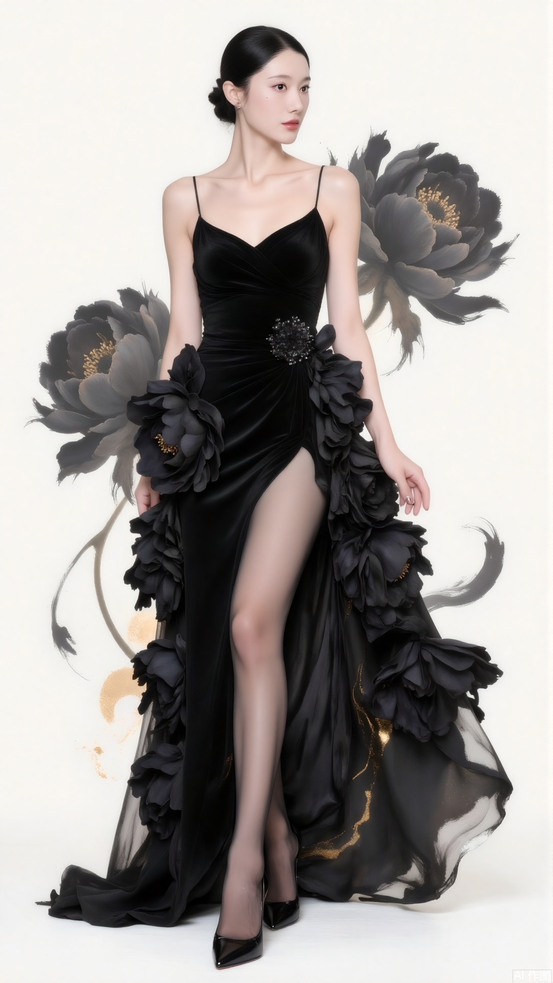 Ink Wash Painting, This illustration skillfully integrates Eastern aesthetics with fashion.The woman in an exquisitely tailored black gown made of layered  flowers stands elegantly. The high slit, black stockings and high - heels outline a sexy charm. The splashed - ink black flowers in the background are free and unrestrained. In the background, ink splashes, with black and gold ink flowing.The blend of traditional artistic conception and modern styling creates an elegant artistic atmosphere, conveying a unique Eastern charm.,shiny pantyhose,plns,xkj,dpx,jinbo