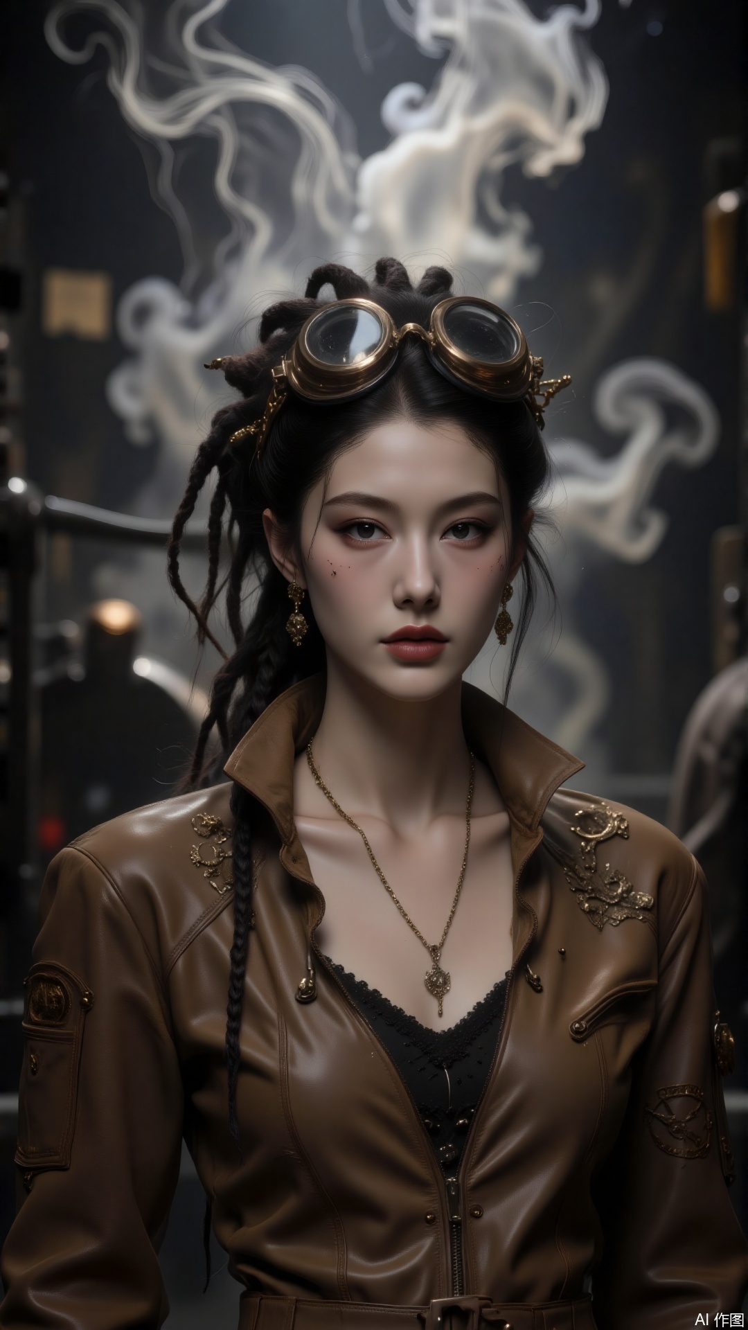 In the searchlight beams of a factory, a woman with dreadlocks stands amidst mechanical gears. Her dreadlocks are twined with copper chains and gear decorations. Her bronze - toned skin glows healthily, and her deep brown eyes are as sharp as an eagle’s. Dressed in a tan leather work uniform, her shoulders and elbows are studded with rivets and protective plates, and goggles shaped like a pocket watch hang from her chest. Light and shadow crisscross over her, illuminating the oil stains on her face and her determined expression. Steam billows in the light, highlighting the gritty allure of the industrial age.jzbj,Mirror-reflective Background,digital-art