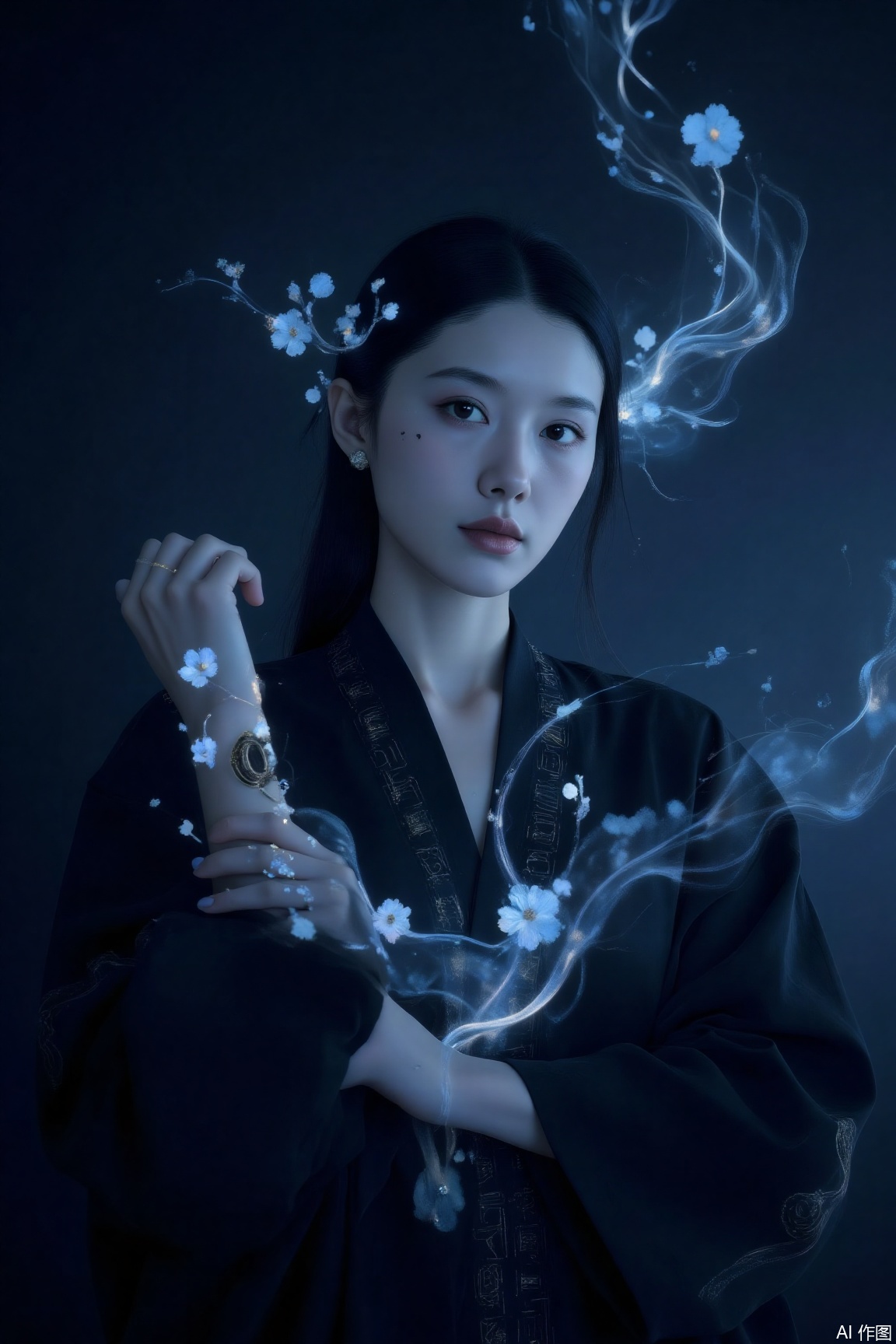 In the eerie blue glow of magic, ankle - length raven hair is twined with glowing vines. Her pale face gleams coldly, and her vertical purple pupils swirl with mysterious light. A black robe embroidered with silver runes flickers in and out of the light. As she raises her hand to summon the light and shadow, an ancient totem on her wrist is revealed as her sleeve slides down, filling the air with an unfathomable aura.
.jzbj,Mirror-reflective Background 