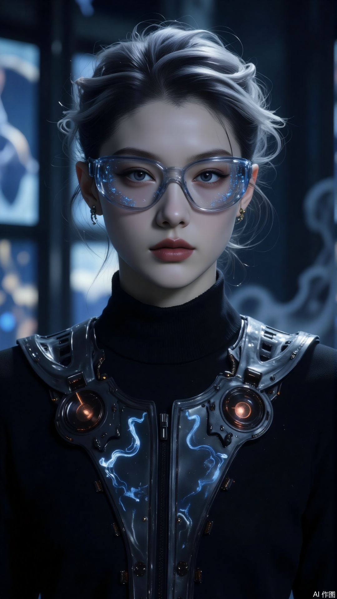 In front of neon - flashing electronic screens, a young man with silver hair wears translucent holographic goggles. Blue glowing circuits are embedded in his hair, and his pale face features dark red mechanical patterns. His purple irises shimmer with the glow of data streams. Dressed in a silver - and - black nanotech combat suit, the energy reactor on his shoulder shifts colors in the light and shadow. Light and shadow flow over him, outlining his cold - edged silhouette, exuding a powerful blend of futuristic technology and mystery..jzbj,Mirror-reflective Background,digital-art