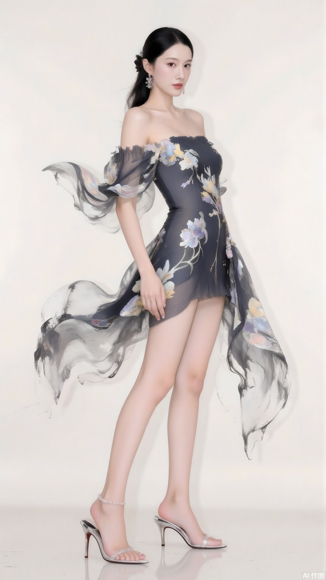 Ink Wash Painting, This illustration skillfully integrates Eastern aesthetics with fashion,A woman.dress.plns,embossed high heels,semi - transparent,digital-art