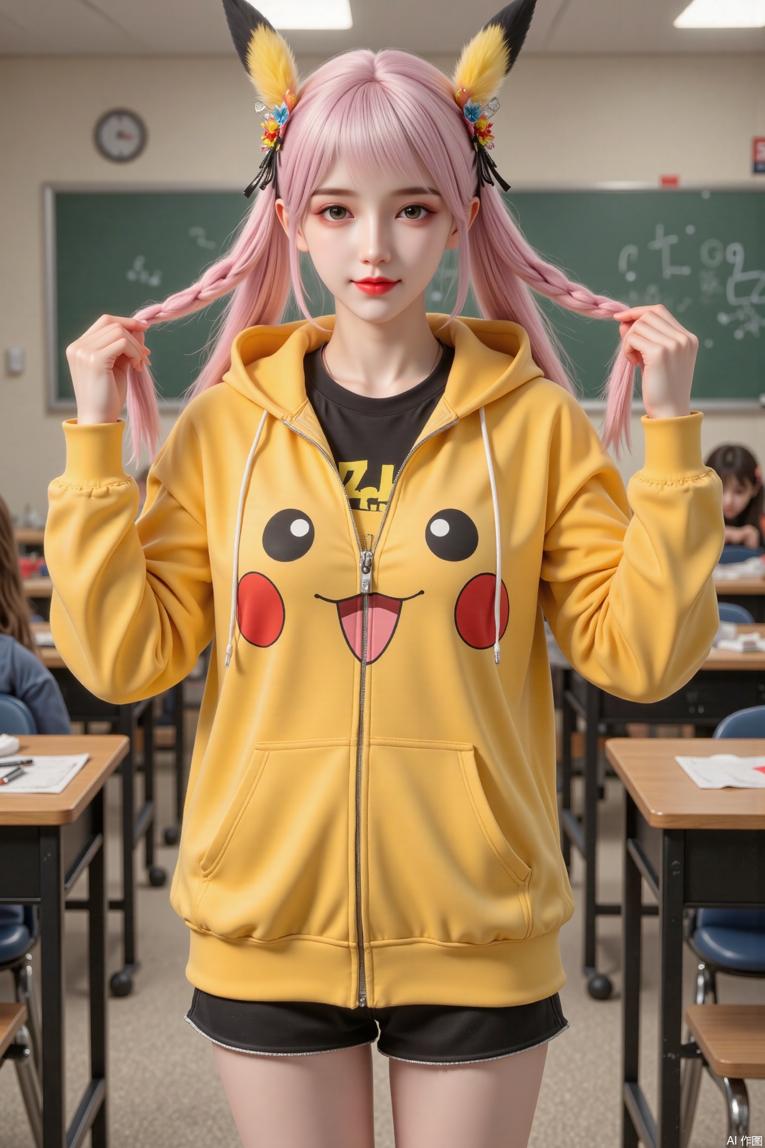 Masterpiece, best quality, high quality, (colorful), medium chest, (pink hair: 1.4), (long legs: 1.3),1girl, solo, long hair, looking at viewer, smile, open mouth, bangs, shirt, long sleeves, ribbon, twintails, brown eyes, jacket, hair ribbon, yellow eyes, braid, :d, fang, hood, twitter username, twin braids, sleeves past wrists, hands up, cosplay, black shirt, pokemon \(creature\), black ribbon, skin fang, hood up, pikachu, a young person with long blonde braids, wearing a yellow Pikachu-themed hoodie. The hoodie features a large Pikachu face on the front, and the person is holding the hood up with both hands. The individual is also wearing a black shirt with a Pikachu design on it. The background is in classroom, emphasizing the character in the foreground.
depth of field,cinematic lighting,light particles,lens flare, (artist:quasarcake:0.8),extreme aesthetic,(wlop:0.6),masterpiece,best quality,good quality,newest,year 2024,year 2023,very aesthetic,absurdres,Visual impact,A shot with tension, ultra-high resolution,32K UHD,sharp focus,best-quality,masterpiece,Emotionalization,unconventional supreme masterpiece,masterful details,temperate atmosphere,with a high-end texture,in the style of fashion photography, (Visual impact:1.2),giving the poster a dynamic and visually striking appearance,impactful picture,offcial art,colorful,splash of color,movie perspective, masterpiece,best quality,amazing quality,very aesthetic,absurdres,best quality,newest