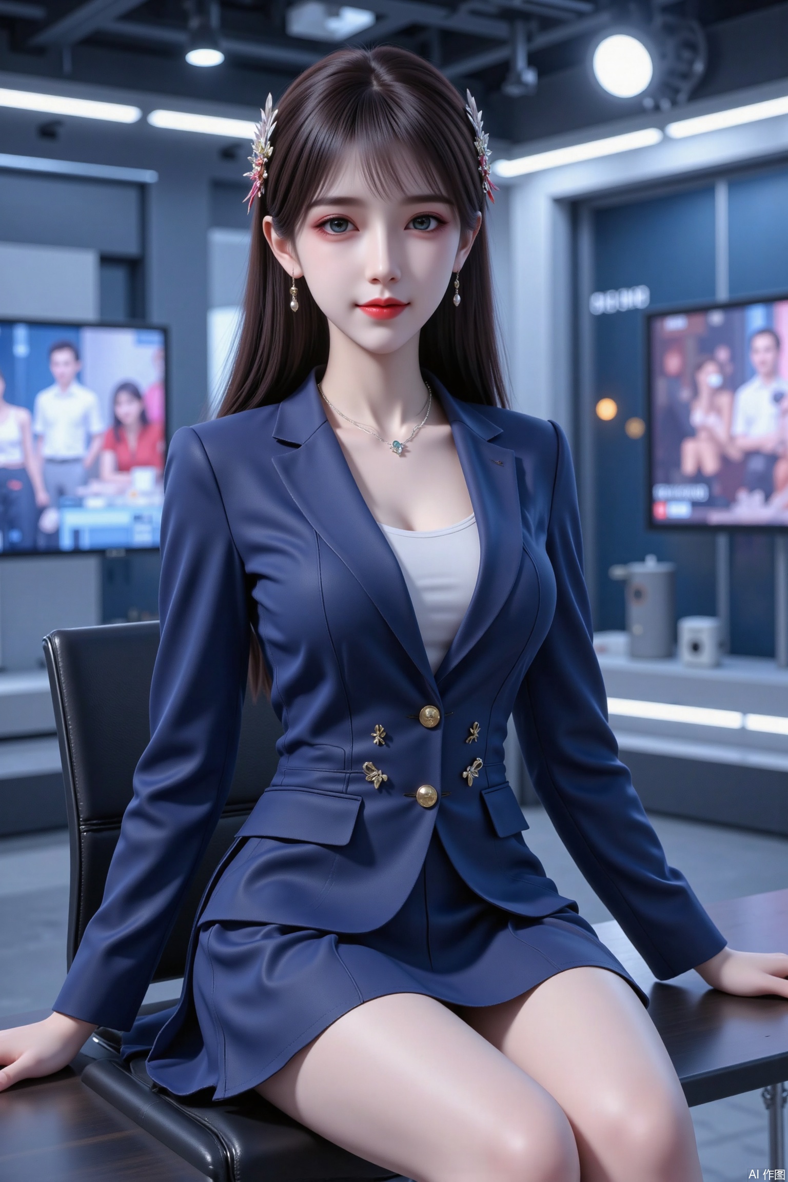 Masterpiece, best quality, high quality, (colorful), huge chest, (black hair: 1.4), (long legs: 1.3), (thin legs: 1.3),1girl,The image appears to be a stylized illustration in an anime or manga-inspired art style. (perfect hands), (8k) Anime screencap, 1girl, shiny skin, shiny hair, perfect finger, hand, animification, 5_fingers, glistening_skin, shadows, smile, earrings, pearl necklace, n3ws, indoors, newsroom, screens, studio lights, news, sleek, monitors, news desk, blazer, newscaster, announcer, female announcer, news announcer, nwscstr, modern, hands on table, brown hair, light blue eyes, makeup, lip gloss, eyeshadow, eyeliner, mascara, foundation, eyelashes, lipstick, long hair, sitting, chair. the image a dramatic, high-contrast aesthetic, the composition and styling suggest a dramatic or introspective mood, common in anime or graphic novel cover art. The use of blue hues and the fragmented background design further enhance the moody, enigmatic atmosphere of the illustration.



