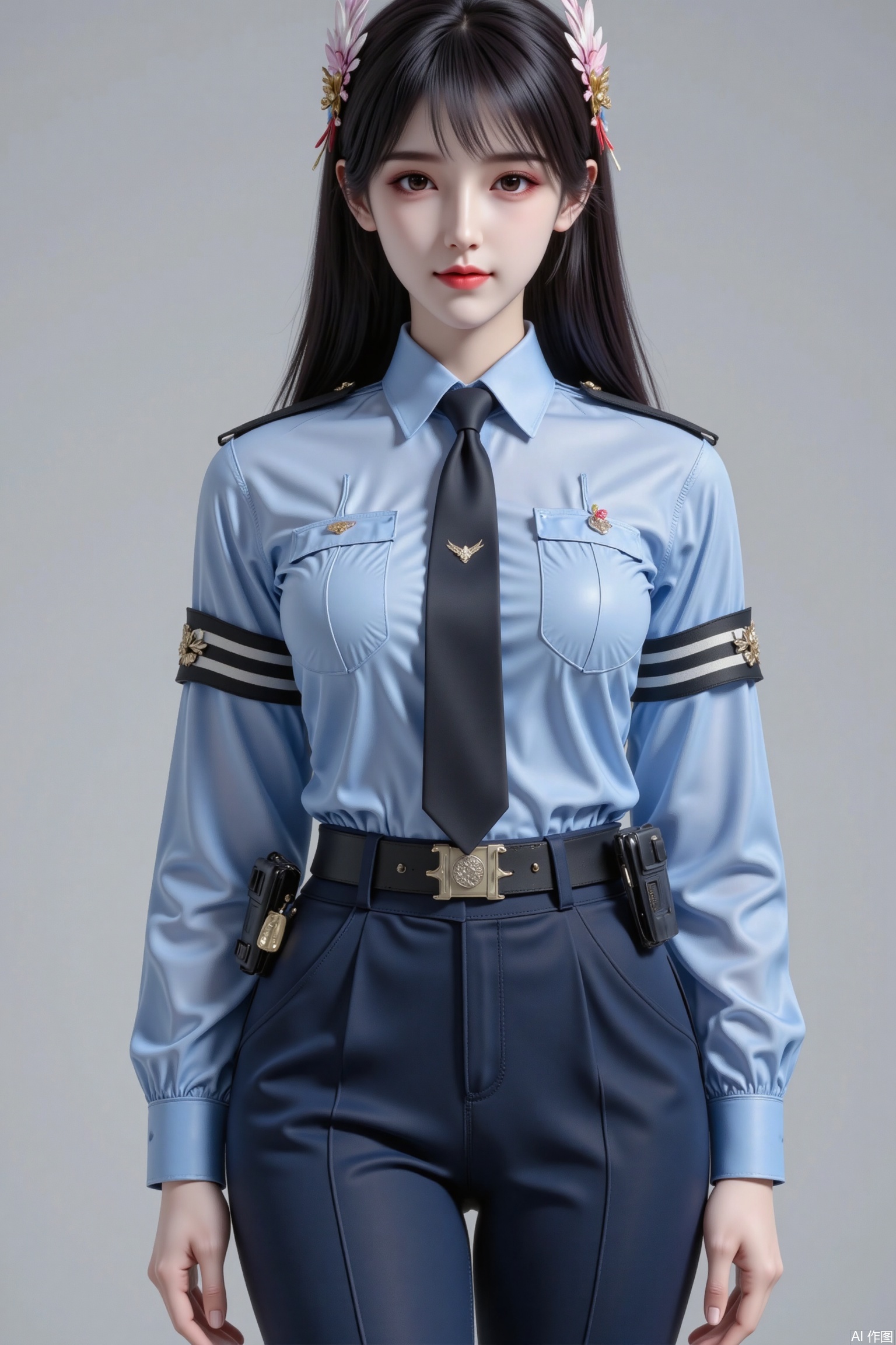 Masterpiece, the best quality, high quality,  small breasts,,(black hair:1.4),(long legs:1.3),,1girl, breasts, long hair, shirt, black hair, sweat, necktie, belt, pants, armpits, uniform, multiple views, watermark, vest, blue shirt, black belt, blue pants, police, police uniform, policewoman