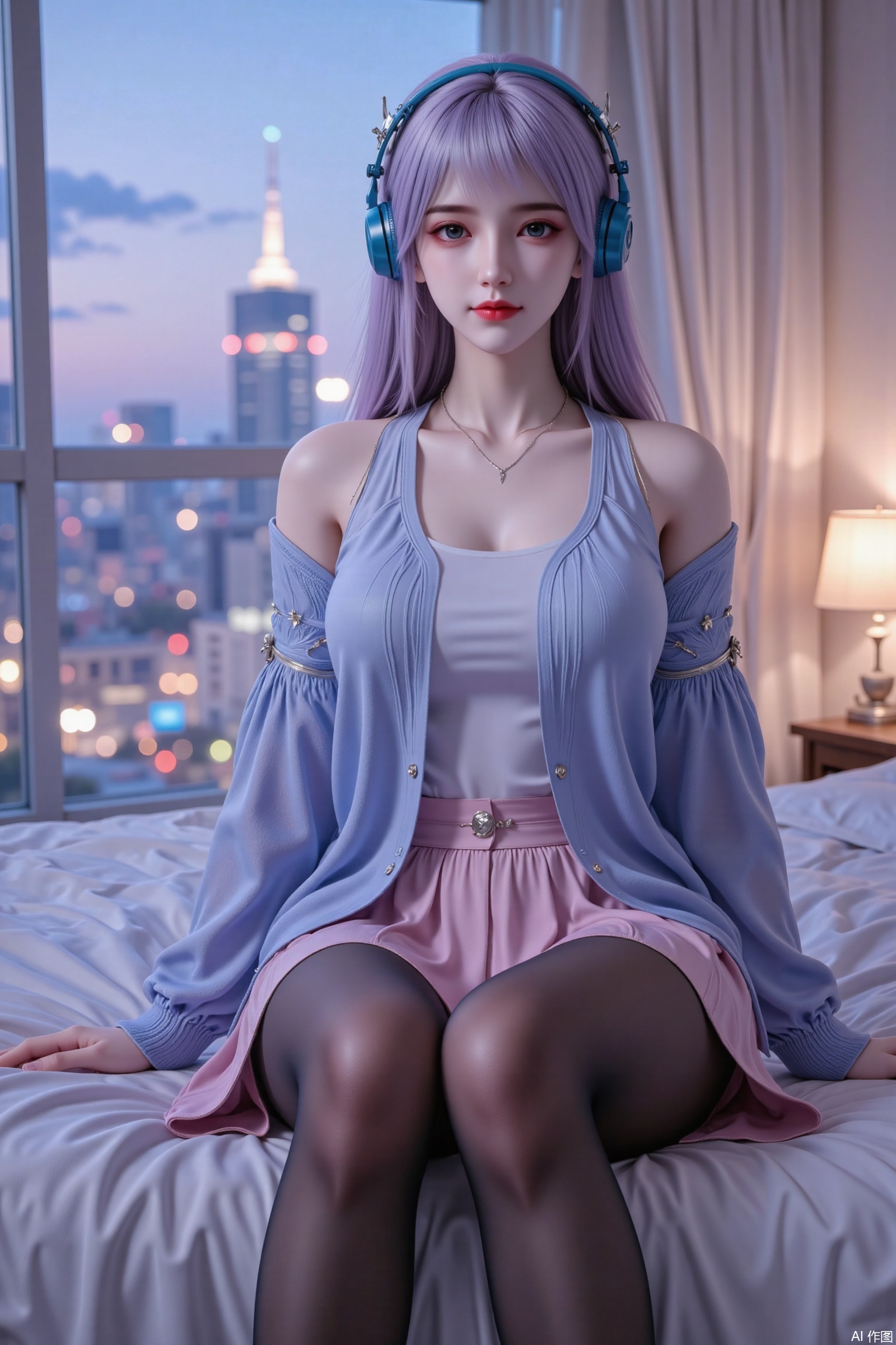 Masterpiece, the best quality, high quality,  huge breasts,,(white hair:1.4),(long legs:1.3),（thin legs：1.4）,nakano miku,depth of field,light particles,lens flare,(artist:quasarcake:0.8),extreme aesthetic,(wlop:0.6),wanke,rella,wanke,masterpiece,best quality,good quality,newest,year 2024,year 2023,very aesthetic,absurdres,Visual impact,Electromotive force,perspective composition,A shot with tension,ultra-high resolution,32K UHD,sharp focus,best quality,masterpiece,Emotionalization masterpiece,unconventional supreme,masterful details,with a high end texture,in the style of fashion photography,(Visual impact:1.2),giving the poster a dynamic and visually striking appearance,impactful picture,offcial art,colorful,splash of color,movie perspective,masterpiece,best quality,amazing quality,very aesthetic,absurdres,best quality,newest,best quality,good,1girl,brown hair,hair between eyes,aqua eyes,on the bed,one-piece black stockings,not wearing shoes,sheer black stockings,shy,white shirt,blue headphones,hair tangled in headphones,pink skirt,morning,city outside the window,home bedroom,sitting like a duck,light blue wool sweater,taking off the coat,sexy,full_shot,looking_at_viewer,from_back,face_focus,eyes_focus,solo_focus,