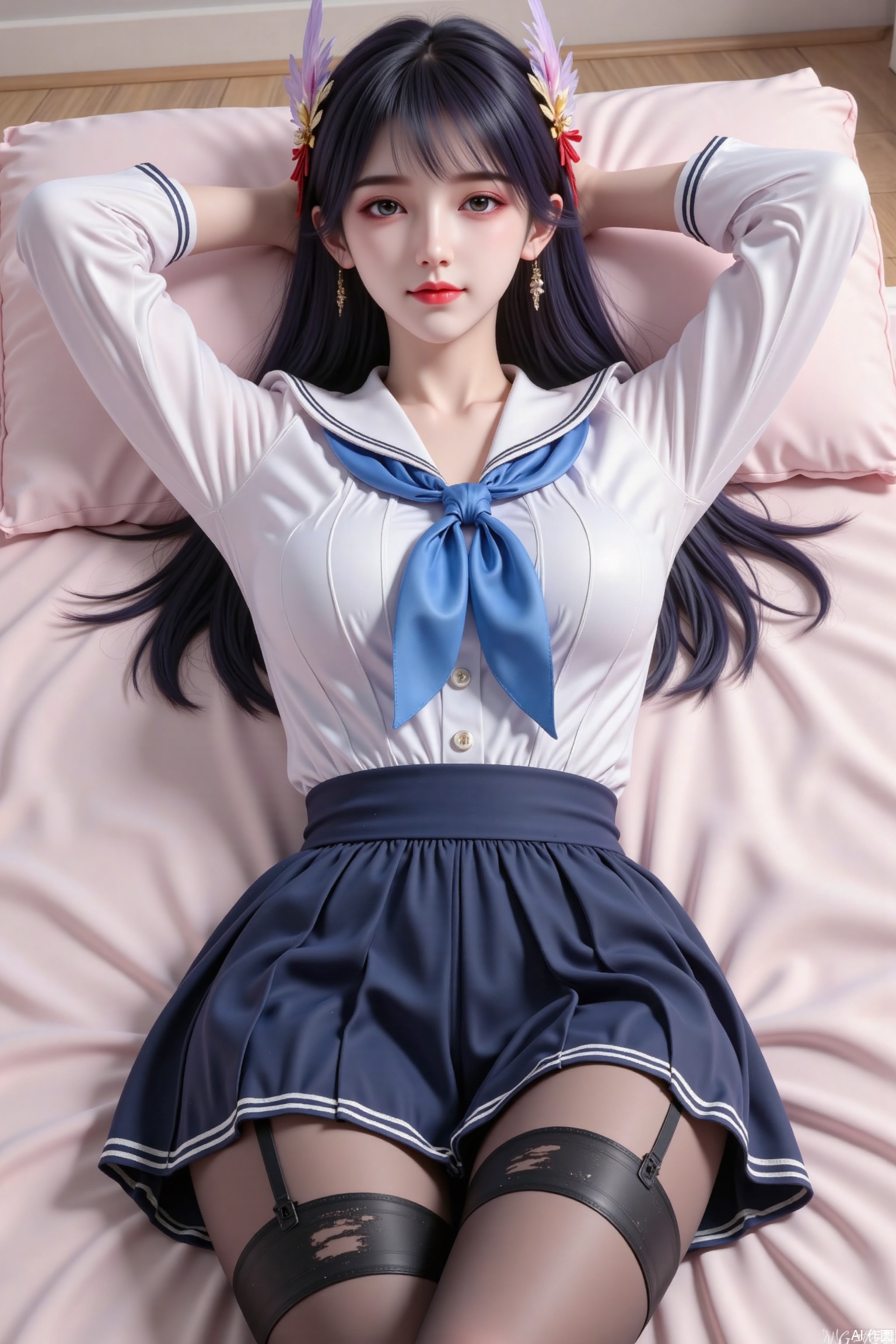 masterpiece,best quality,high quality,loli,Artist:inugami kira,(artist:ningen_mame:0.9),(artist:sho_(sho_lwlw):0.9),(artist:rhasta:0.9),(artist:wlop:0.7),(artist:ke-ta:0.6),(fkey:0.5),(tianliang duohe fangdongye:0.5),(hiten \(hitenkei\):0.6),loli,Artist sousoumaan,loli,Masterpiece, best quality, high quality, (colorful), large breasts, 

 1girl, solo, breasts, looking at viewer, blush, black hair, bangs, blue eyes, shirt, long sleeves, closed mouth, school uniform, white shirt, longhair, pantyhose, lying, serafuku, on back, sailor collar, arms up, neckerchief, black pantyhose, on bed, no pants, thighband pantyhose, white sailor collar, blue neckerchief