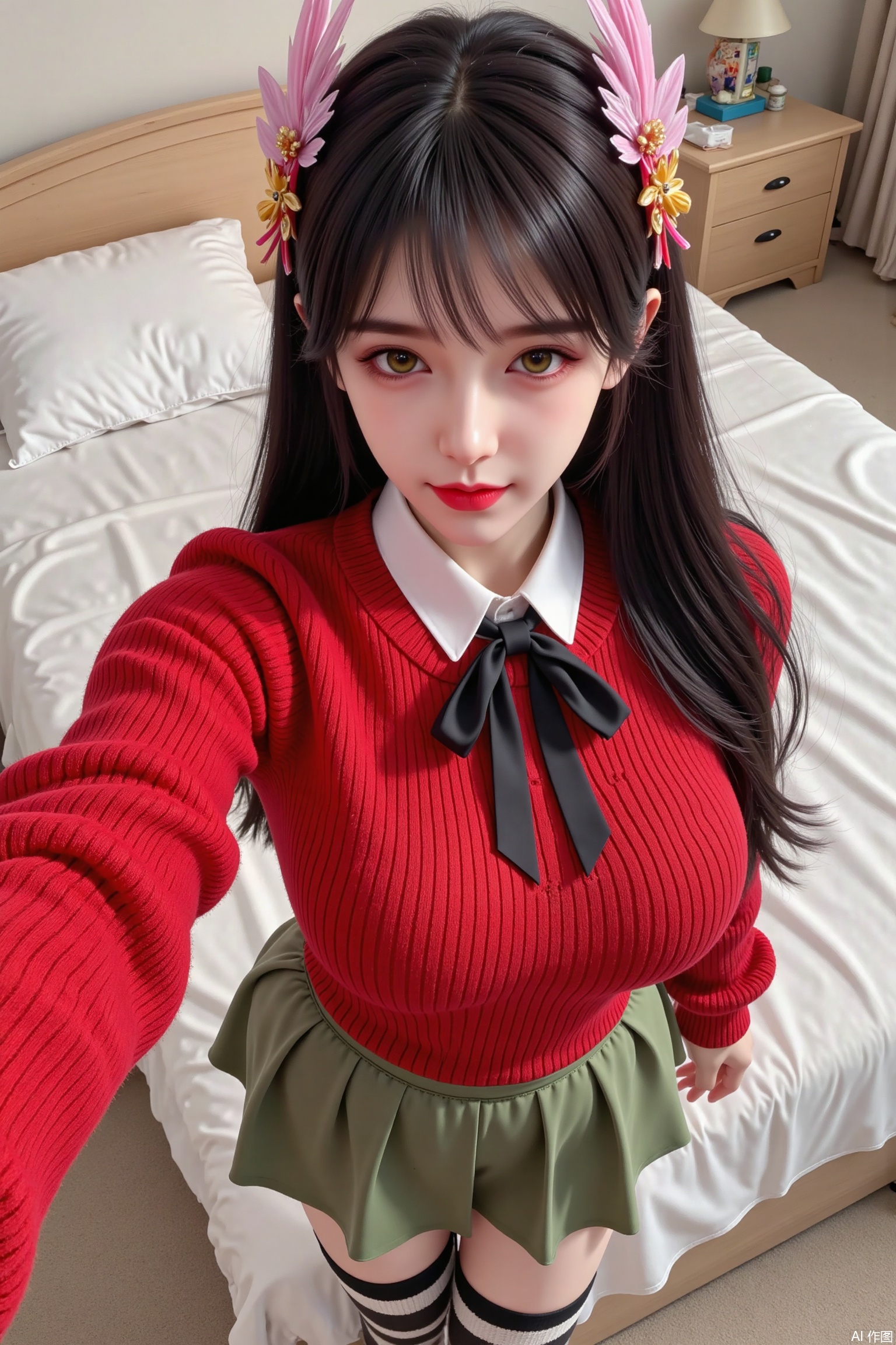 Masterpiece, the best quality, high quality, (colorful) , big breasts,,(black hair:1.4),(long legs:1.3), 1girl,black hair,long hair,yellow eyes,large breasts,bow hairband,pink bow,hairclip,x hair ornament,red sweater,wool sweater,heavy sweater,fluffy sweater,closed sweater,white undershirt,green skirt,white collar,black ribbon tie,long skirt,full-length skirt,covered legs,multicolored ribbon,striped stockings,bedroom,focus on face,selfie,from above,