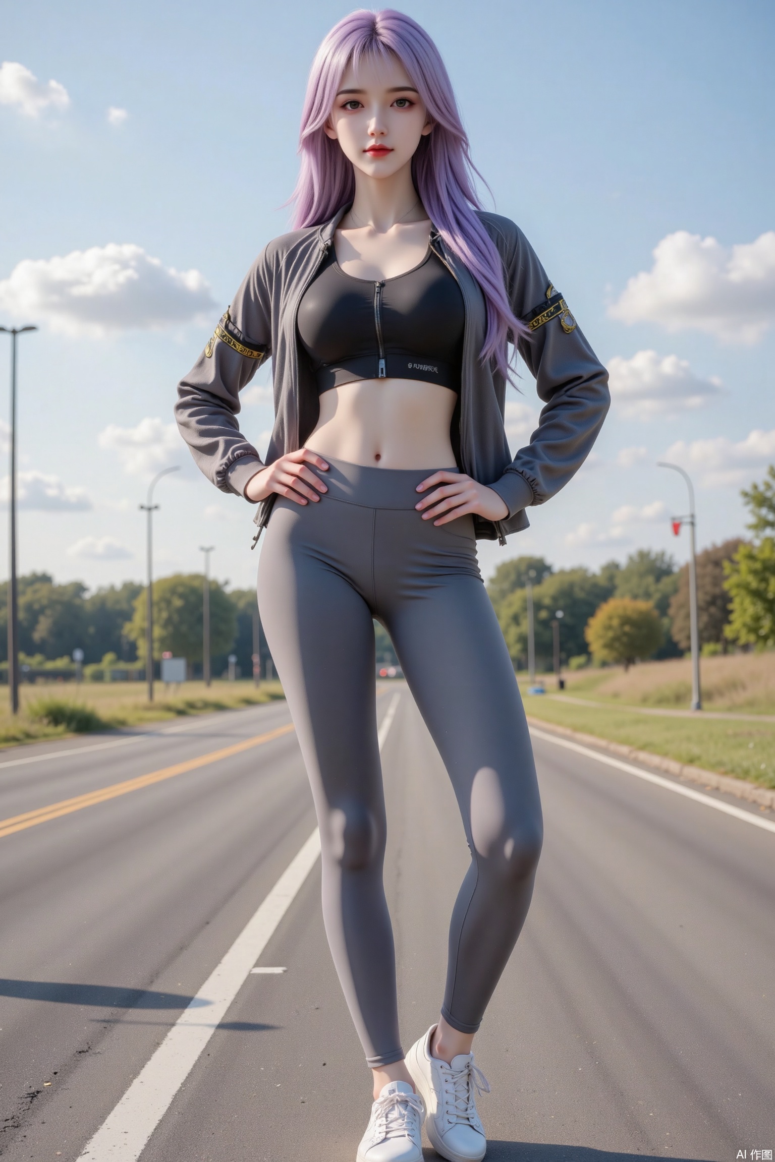 Masterpiece, the best quality, high quality, (colorful) , big breasts,,(purple hair:1.4),(long legs:1.3),1girl, solo, long hair, long sleeves, brown eyes, standing, collarbone, jacket, full body, outdoors, sky, shoes, day, gray yoga pants, lips, sunlight, sneakers, zipper, hands on hips, yoga sports bra, realistic,fullbody
