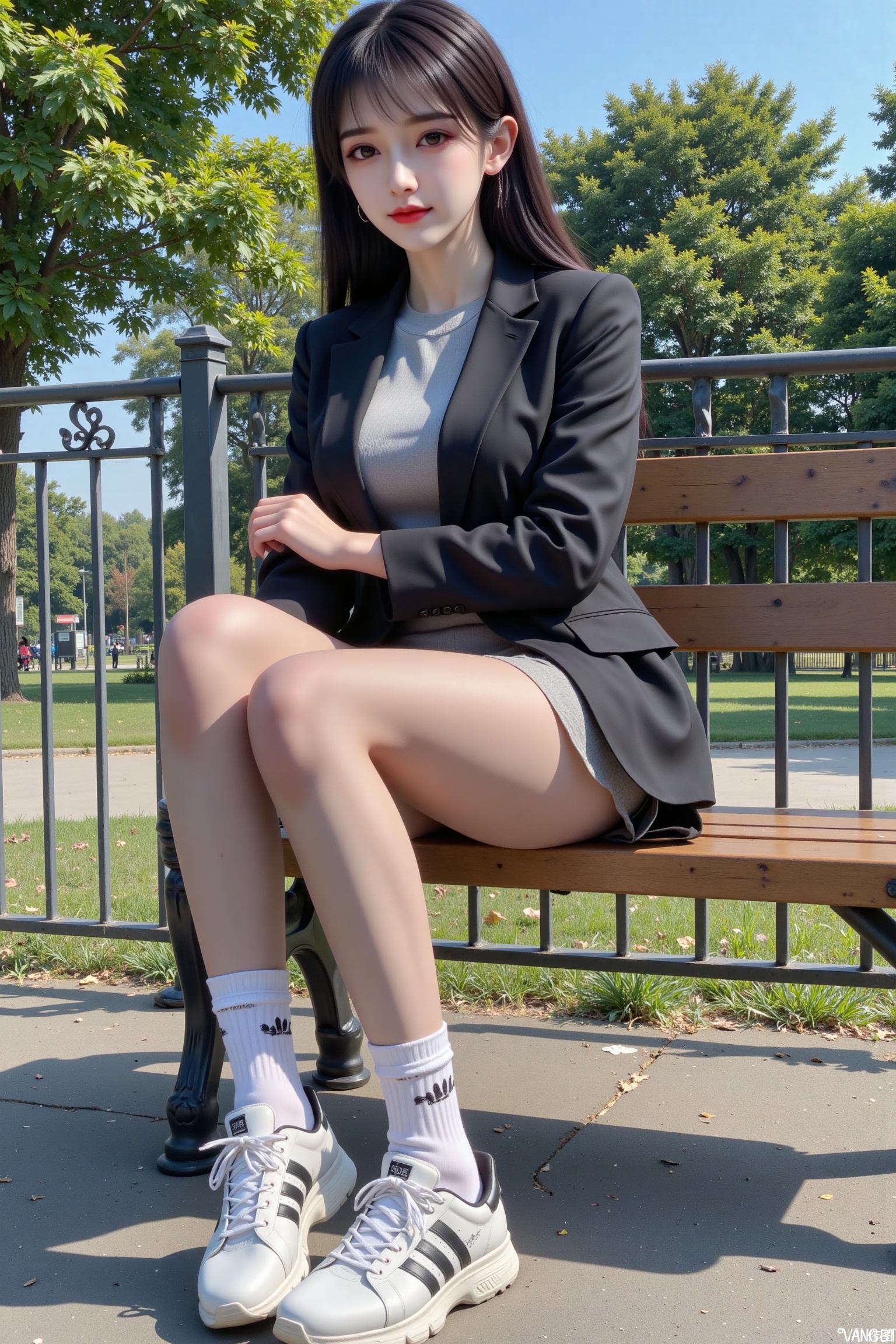 Masterpiece, the best quality, high quality,  huge breasts,,(white hair:1.4),(long legs:1.3),（thin legs：1.4）,1girl,sky_lady,fengyao,1girl,1girl,The image is a photograph taken outdoors,possibly in a park or public area,with a clear blue sky and lush greenery in the background. The subject is a young Asian woman with long,straight black hair,fair skin,and a slender physique. She is seated on a wooden bench with a casual,relaxed pose,leaning slightly to her right with her arms crossed. Her attire includes a black blazer over a grey sweater and a short grey skirt,paired with sheer black pantyhose and white athletic shoes with black stripes. She wears white socks that reach mid-calf,adding a playful touch to her look. The background features a metal fence and trees,with a serene atmosphere. The overall style is casual and modern,with a focus on youthful fashion.,