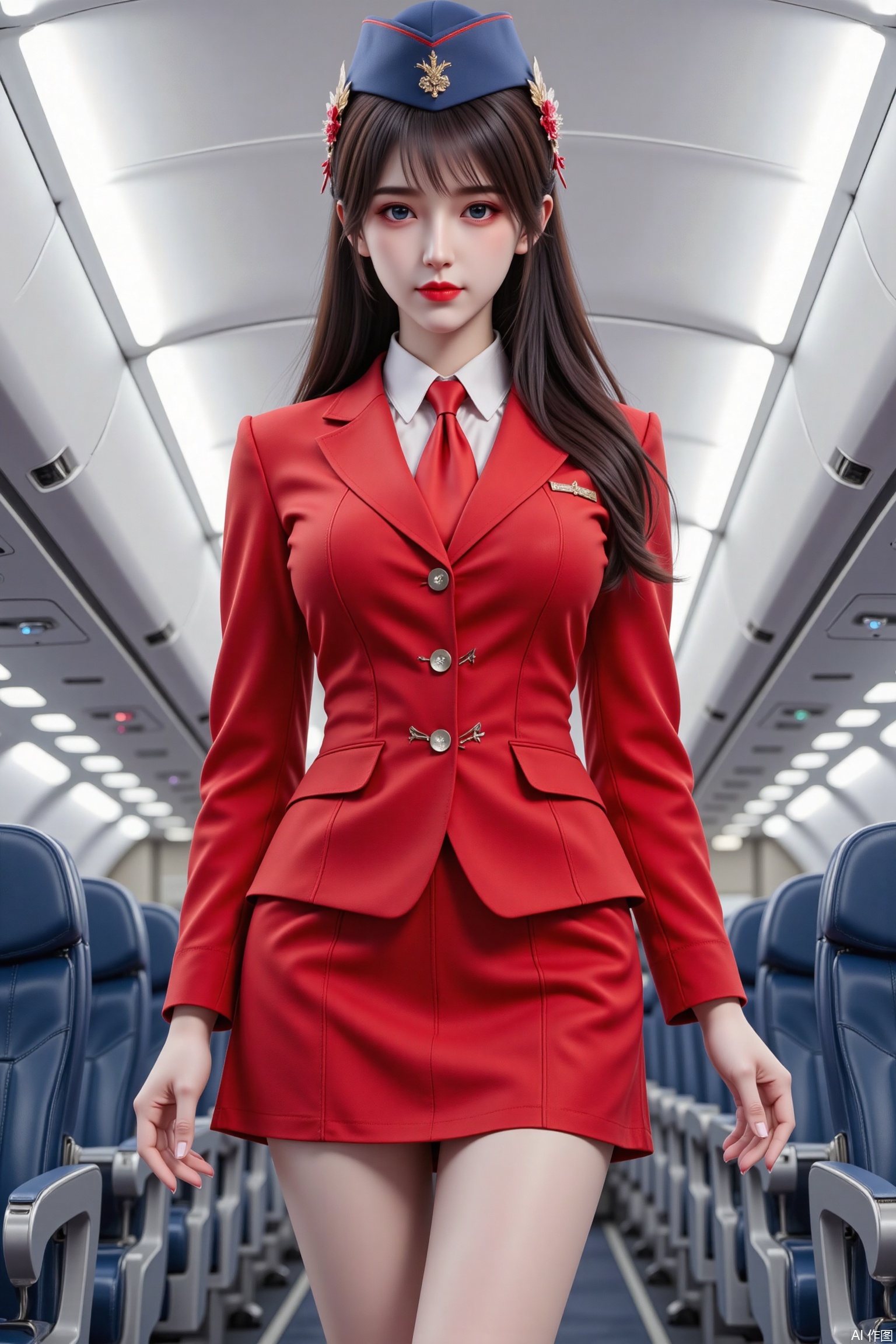 Masterpiece, the best quality, high quality,  huge breasts,,(black hair:1.4),(long legs:1.3),（thin legs：1.4）,1girl dressed in a red flight attendant's uniform is stunning. She is wearing a white skirt, a white blazer, a red tie, and a blue cap. Her gloves are white, her hair is brown, and her eyes are a piercing blue. She has a serious expression on her face. The interior of an airplane is lined with blue seats, and the ceiling is adorned with white ceiling lights.