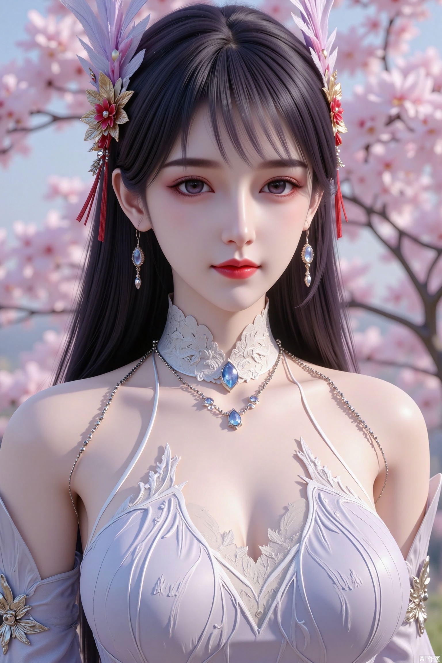 Masterpiece, the best quality, high quality, (colorful) , huge breasts,,(black hair:1.4),(very long legs:1.3),1girl, solo, long hair, breasts, looking at viewer, hair ornament, dress, bare shoulders, jewelry, purple eyes, upper body, parted lips, necklace, white dress, realistic