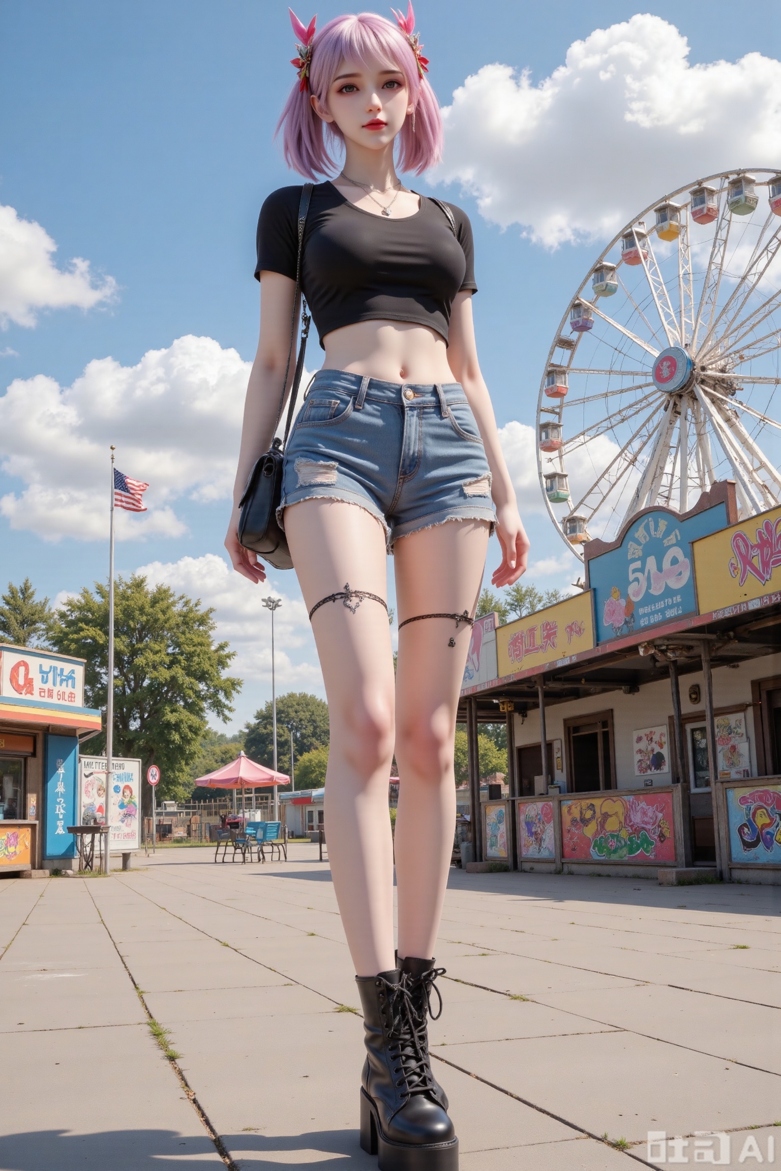 (masterpiece:1.2),(super long legs: 1.3),best quality,high resolution,unity 8k wallpaper,(illustration:1),(8k, RAW photo, best quality, masterpiece:1.2,),score_9,score_8_up,score_7_up,source_anime,masterpiece,best quality,1girl, front view, standing, pigtails with heart - shaped hairpins, chunky heeled boots, fishnet stockings, at an abandoned amusement park, rusty Ferris wheel in background, sunny day, wearing a cropped band t - shirt, ripped denim shorts with safety pins, layered necklaces, colorful graffiti on old booths, cotton candy - colored clouds, chain - strap bag slung over shoulder,masterpiece,best quality,high quality,overexposure,chromatic_aberration,light,fair_skin, very aesthetic,absurdres, masterpiece, amazing quality,(aestivation:0.4),(nasii:0.4),(toosaka asagi:0.4),(atdan:0.4),(artist:quasarcake:0.8),(iumu:0.72),(wlop:0.72),96YOTTEA,Konya Karasue, //, depth of field,detailed light,blurry background,best shadow,shiny skin,cinematic lighting,ray tracing, amazing quality, very aesthetic, absurdres, best quality, ultra detailed, newest,8K,HDR