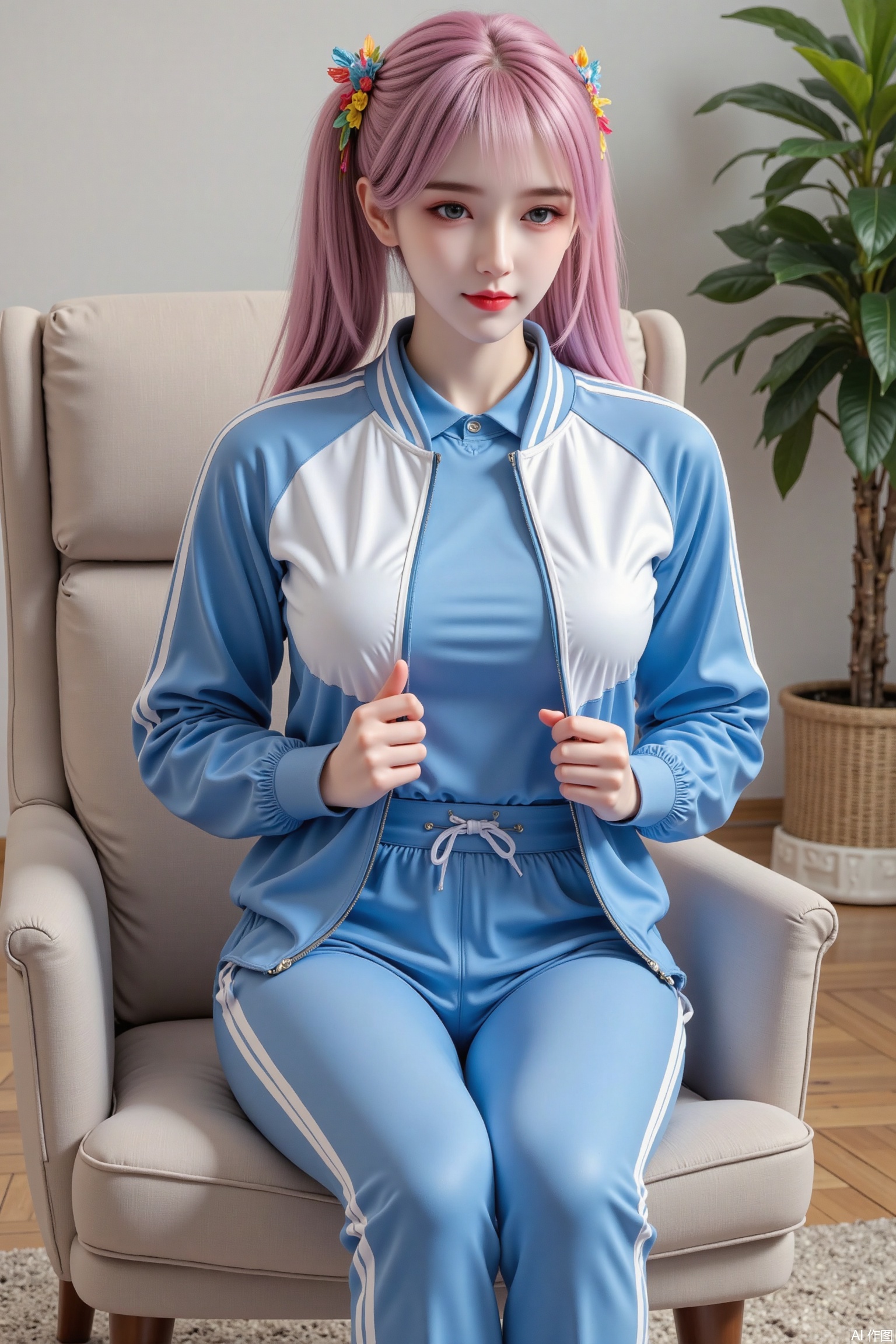 Masterpiece, the best quality, high quality, (colorful) , big breasts,,(pink hair:1.4),(long legs:1.3),.The image is a high-quality photograph featuring a young woman, likely in her early twenties, with a fair complexion and long, straight brown hair styled in two pigtails. She is seated on a modern, beige fabric chair with a slightly textured surface. The background shows a cozy indoor setting with a wooden floor and a potted plant with green leaves in the corner, adding a touch of nature to the room.The woman is wearing a matching athletic outfit in blue and white, consisting of a zip-up jacket and tracksuit pants. The jacket has a white front panel and blue sleeves with white stripes along the edges, and it is unzipped to reveal a blue collared shirt underneath. Her tracksuit pants are also blue with white stripes down the sides. She is holding the jacket open with her right hand, showing the front panel and the blue shirt underneath. Her left hand is resting on her thigh.The photograph captures her from the waist up, focusing on her outfit and upper body. Her facial features are partially visible, but her expression is neutral, and her eyes are looking slightly downward. The overall atmosphere of the image is casual and relaxed, suggesting a comfortable and homey environment. The lighting is soft and natural, highlighting the colors of her outfit and the textures of the chair and floor.