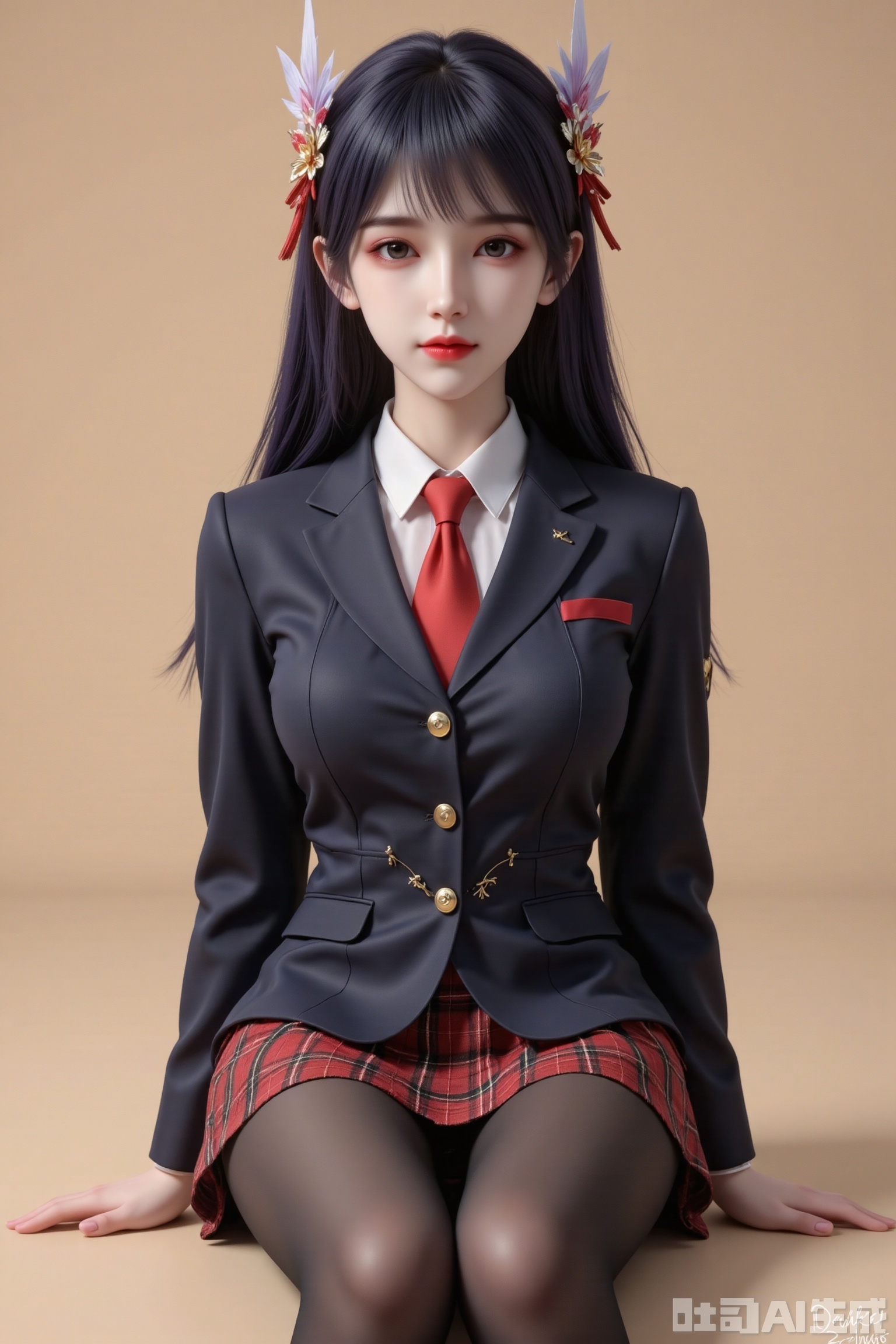 Masterpiece, best quality, high quality, (colorful), big breasts, (black hair: 1.4), (long legs: 1.3). The image depicts a young woman with long, black hair, wearing a school uniform consisting of a dark blazer with gold buttons, a red tie, a red plaid skirt, and black opaque tights. She is crouching down with her legs bent and her hands resting on her knees. The background is a plain, light brown color, providing a neutral backdrop that highlights the subject. The overall style of the image is anime-inspired, characterized by the stylized features and vibrant colors.blue hair ornament