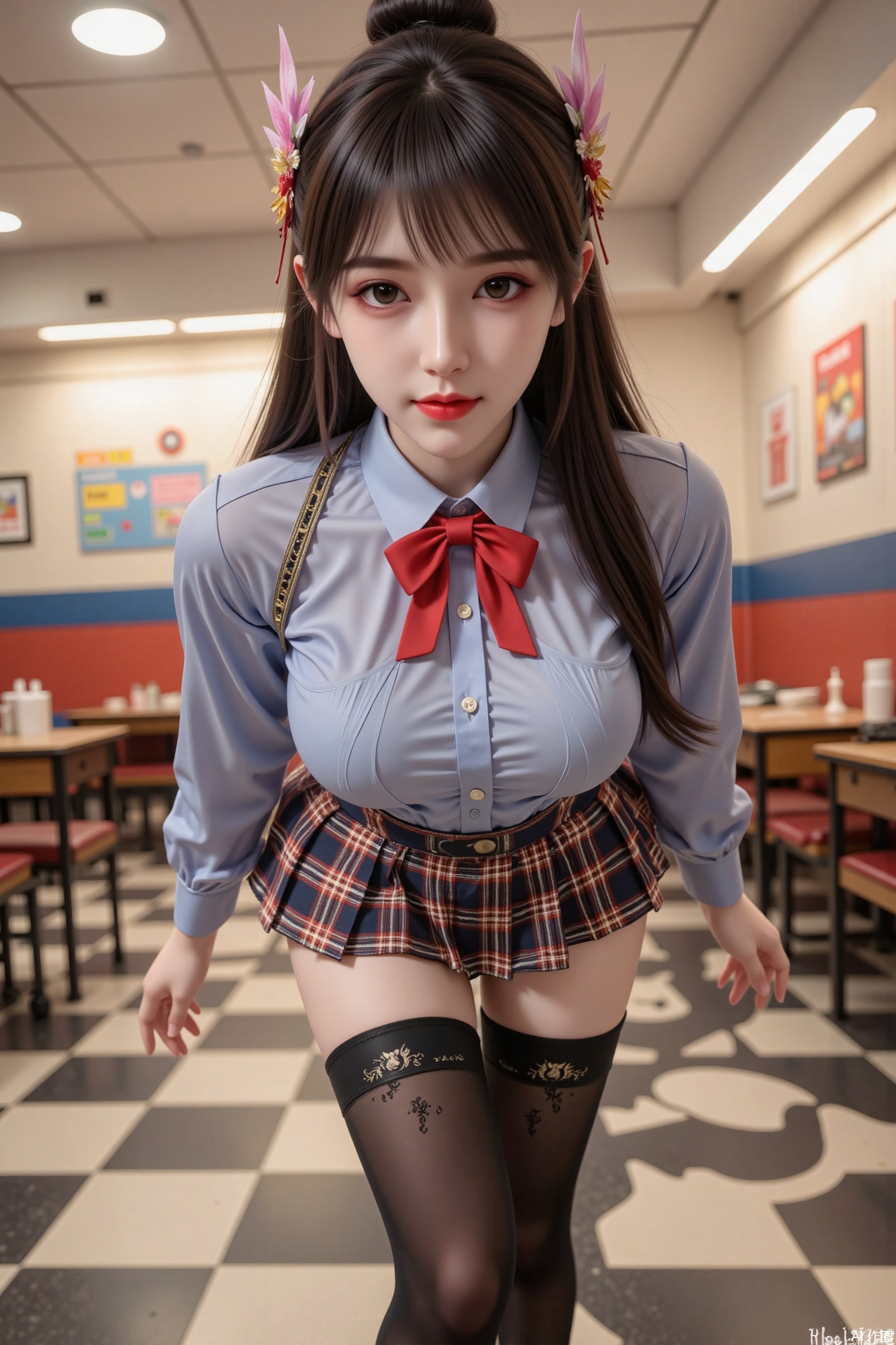 Masterpiece, best quality, high quality, (colorful), huge chest, (black hair: 1.4), (long legs: 1.3), (thin legs: 1.3), 1girl, argyle, argyle_background, argyle_legwear, bangs, bent_over, blunt_bangs, blur_censor, blurry, blurry_background, blurry_foreground, blush, board_game, bowtie, breasts, brown_eyes, brown_hair, cellphone_picture, checkered, checkered_background, checkered_flag, checkered_floor, checkered_kimono, checkered_legwear, checkered_shirt, checkered_skirt, chess_piece, classroom, depth_of_field,  figure, focused, hair_bun, indoors, large_breasts, looking_at_viewer, motion_blur, perspective, photo_\(medium\), plaid, plaid_legwear, pov, race_queen, restaurant, school_uniform, skirt, soccer_ball, solo_focus, table, telstar, thighhighs, thighs, tile_floor, tile_wall, tiles