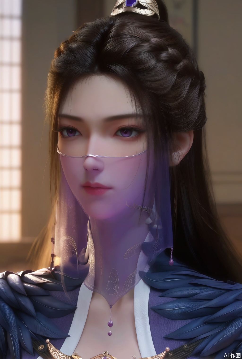 score_9_up,score_8_up,score_7_up,(Masterpiece, Best Quality, High Resolution, 8K Raw),absurdres, highres, Expressiveh, 
1girl, solo, long hair, brown hair, black hair, hair ornament, dress, jewelry, closed mouth, purple eyes, upper body, indoors, necklace, lips, see-through, looking to the side, looking at view, expressionless,  portrait, veil, mouth veil