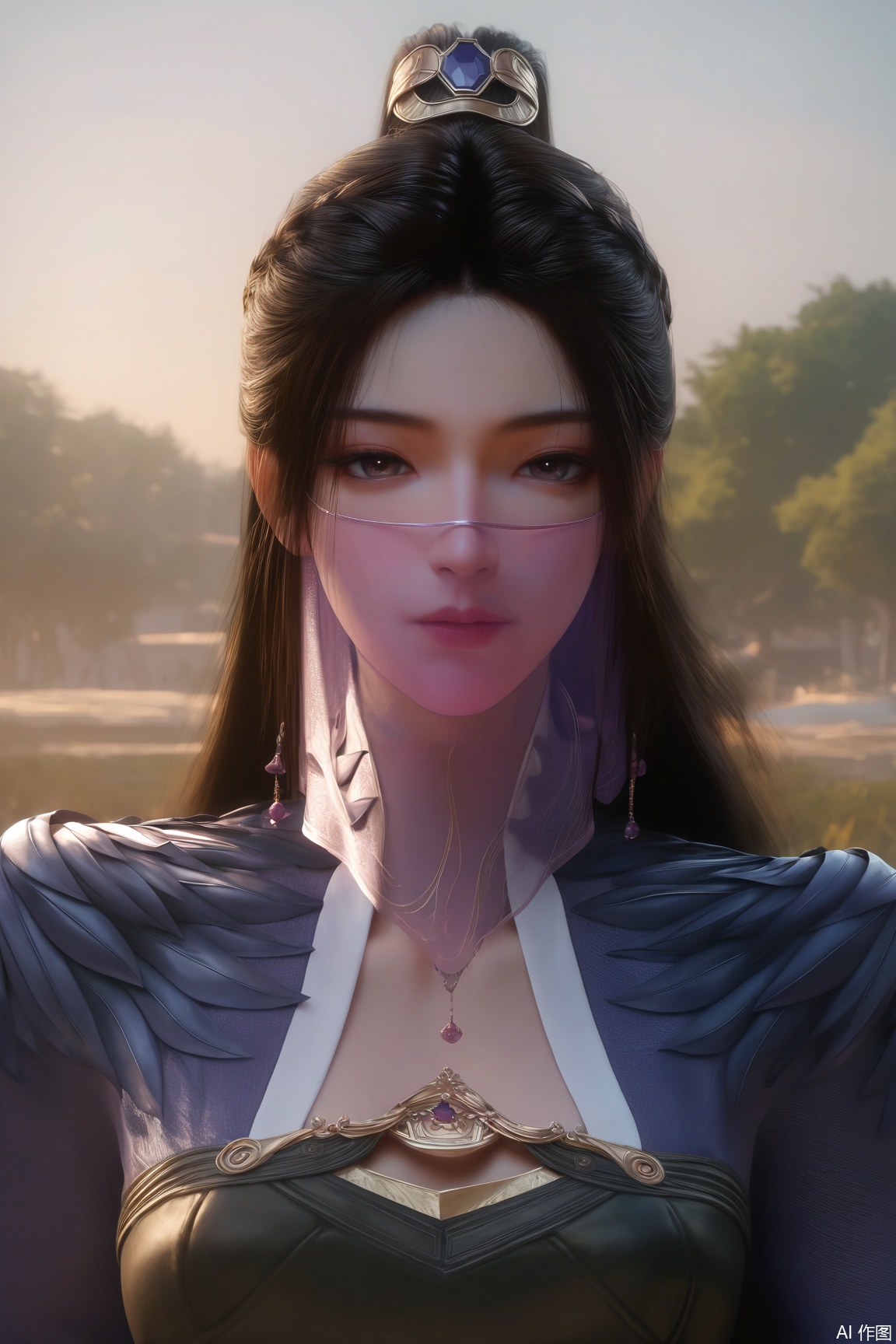 score_9_up,score_8_up,score_7_up,(Masterpiece, Best Quality, High Resolution, 8K Raw),absurdres, highres, Expressiveh, 
1girl, solo, long hair, brown hair, black hair, hair ornament,looking at viewer, mouth veil,