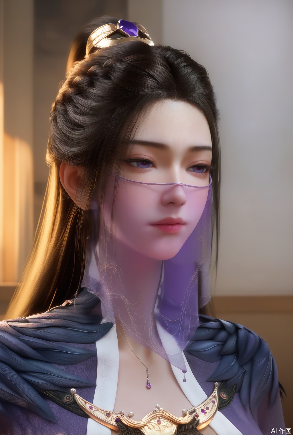 score_9_up,score_8_up,score_7_up,(Masterpiece, Best Quality, High Resolution, 8K Raw),absurdres, highres, Expressiveh, 
1girl, solo, long hair, brown hair, black hair, hair ornament, dress, jewelry, closed mouth, purple eyes, upper body, indoors, necklace, lips, see-through, looking to the side, looking at view, expressionless,  portrait, veil, mouth veil