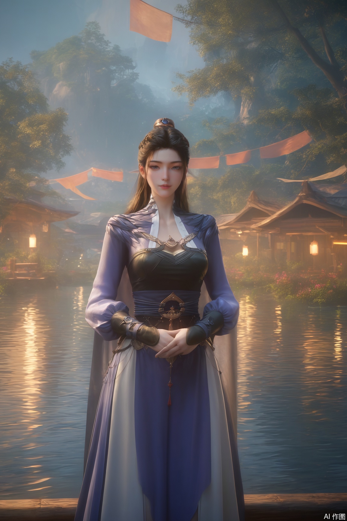 score_9_up,score_8_up,score_7_up,(Masterpiece, Best Quality, High Resolution, 8K Raw),absurdres, highres, Expressiveh, 
1girl, solo, long hair, brown hair, black hair, hair ornament, dress, jewelry,looking at viewer, brown hair, gloves, long sleeves, dress, standing, flower, outdoors, water, tree