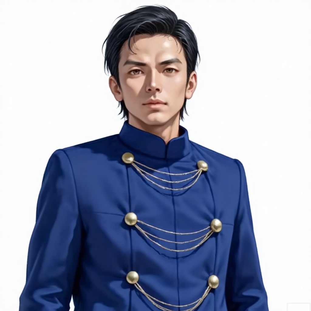 masterpiece, best quality,solo,((white background:1.2)),simple background,
looking at viewer,Sarome Seijin,uniform, military uniform, pants, jacket,chain-link, blue jacket, blue coat,white gloves, military,1boy,male focus,realistic