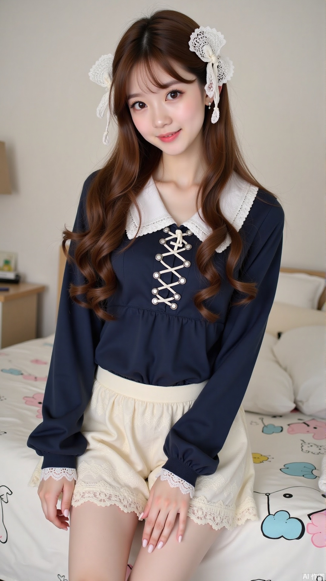 Young woman with long brown curly hair, white lace streamer hair accessories, dark blue long-sleeved top, lace-up design at the neckline, paired with off-white lace short skirt, white lace collar, indoor bedroom scene, white bedding and bedspread with cartoon pattern. Sweet, cute, Lolita style.