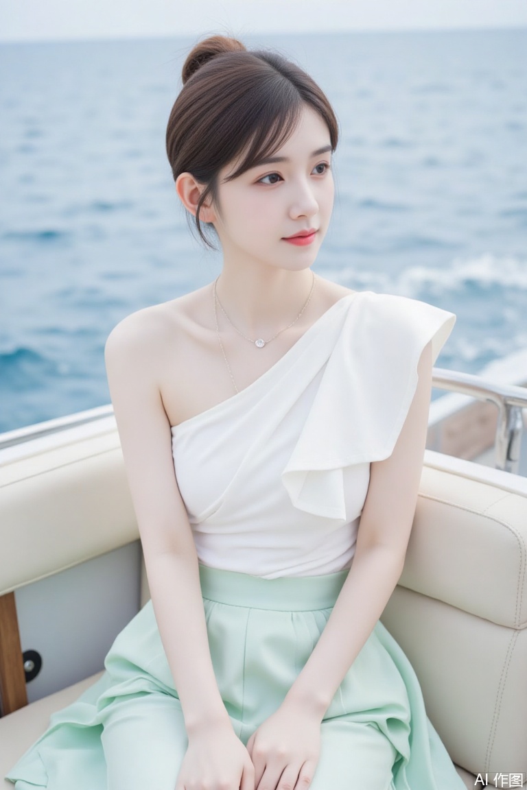 The image shows a young woman sitting on a cushioned seat with a serene ocean view in the background. She is dressed in a stylish outfit consisting of a one-shoulder white top and a light green skirt. Her hair is styled in a neat bun, and she is wearing a delicate necklace with a small pendant. The setting appears to be outdoors, possibly on a boat or near the water, with calm waves visible in the background. The overall atmosphere is relaxed and tranquil.