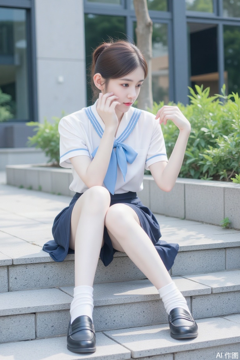 The image shows a young woman sitting on a set of stone steps outdoors. She is wearing a white short-sleeved blouse with a blue bow tie and a pleated navy blue skirt. Her legs are crossed, and she is wearing black loafers and white socks. Her hair is tied back in a ponytail, and she appears to be adjusting it with one hand. The background includes a building with large windows and some greenery, suggesting an urban or suburban setting. The lighting is bright, indicating it might be daytime.