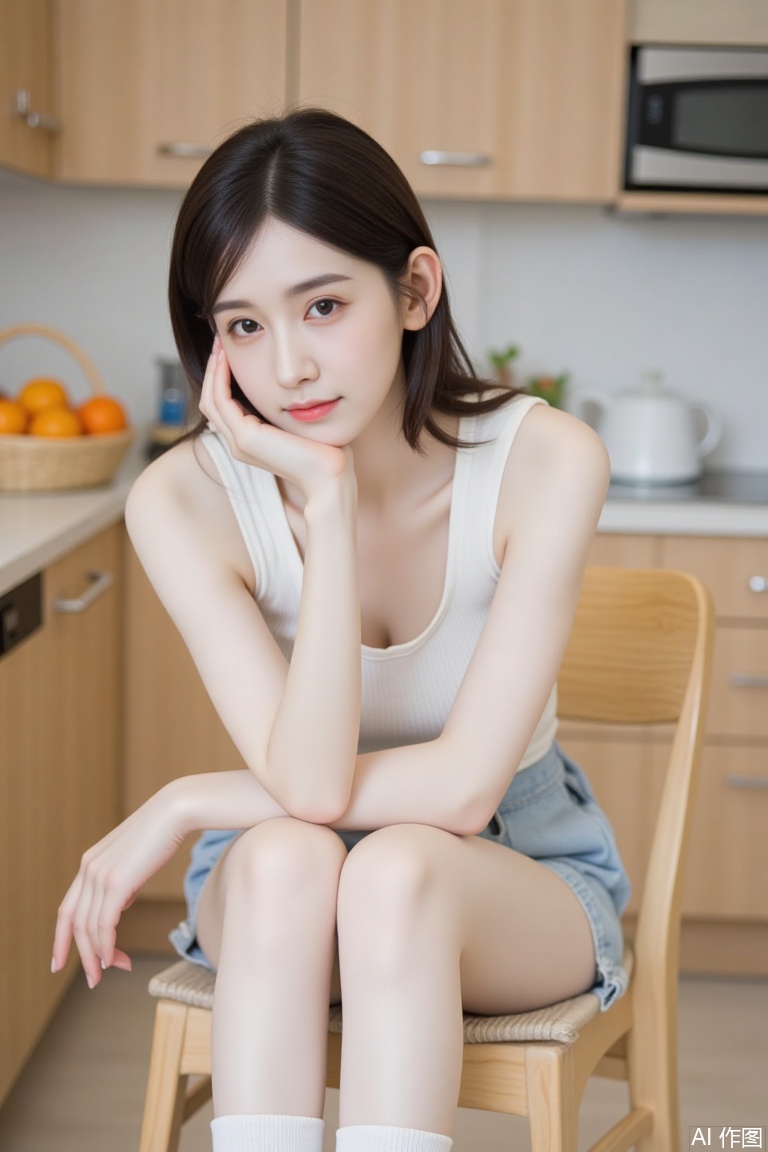The image shows a young woman sitting on a wooden chair with her elbows resting on her knees. She is wearing a white sleeveless top and light blue shorts, along with white socks. Her hair is dark and falls over her shoulders. The background features a kitchen setting with a wooden cabinet, a microwave, a basket filled with oranges, a yellow container, and some other kitchen items. The overall atmosphere is bright and cozy, with a focus on the woman and the kitchen environment.