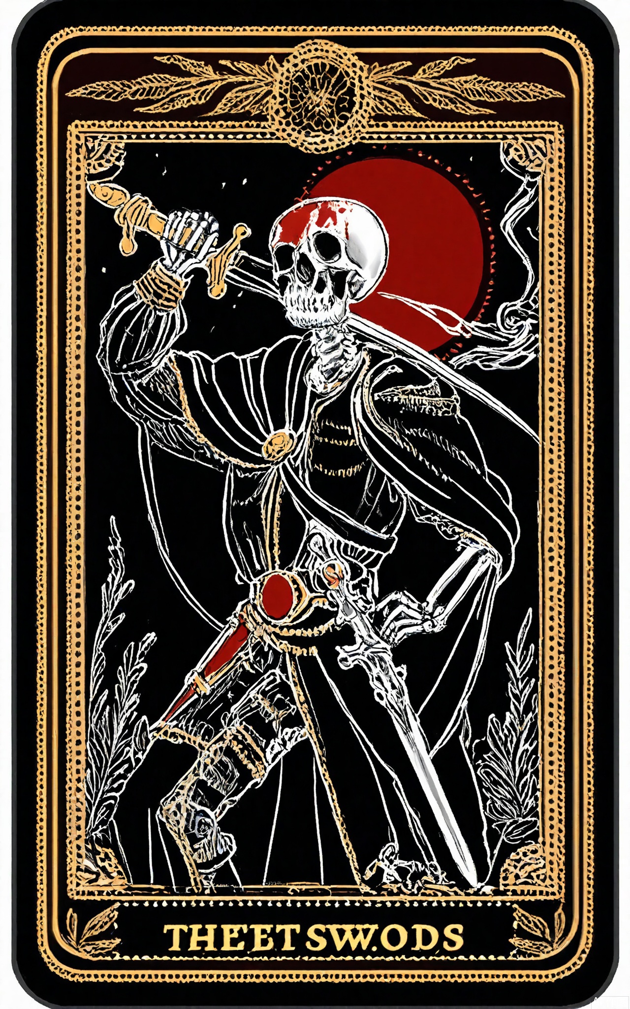 TLPF, A digital illustration in a gothic, vintage style featuring a skeletal knight in a suit of armor made of Tarot cards, riding a spectral horse. The knight is holding a sword with a skull-shaped hilt in one hand and has a banner with a dark emblem fluttering behind. The background is a desolate, war-torn battlefield with smoke rising from the ruins and a large, blood-red sun setting. The Tarot card armor is intricately detailed with scenes of battle and honor. The overall color scheme is dark with red and silver accents. The image is framed by a decorative border with sword and shield designs.
