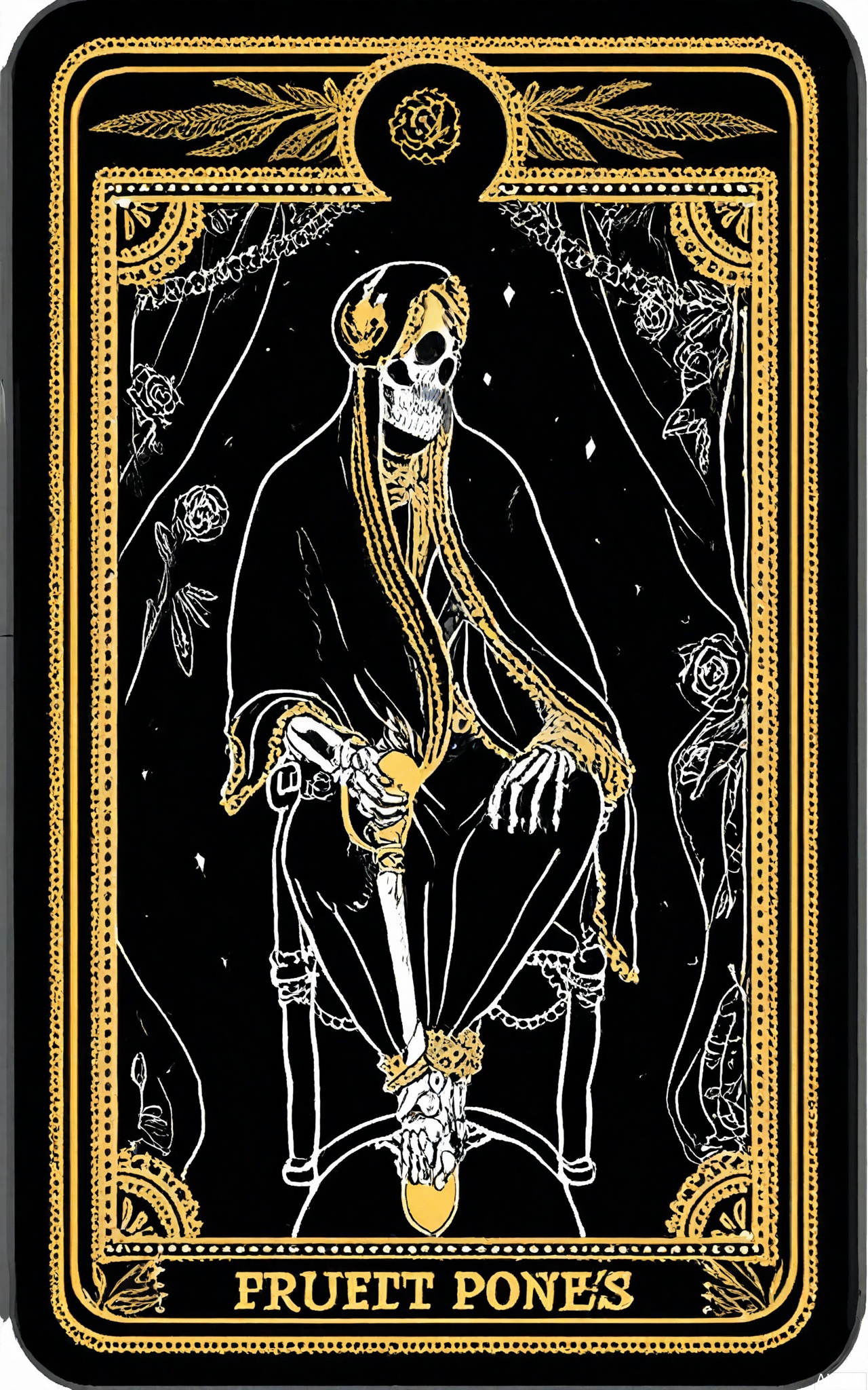 TLPF, A digital illustration in a gothic, vintage style featuring a skeletal queen in a regal, black velvet gown with ruby accents, seated on a throne made of Tarot cards. The queen is holding a scepter topped with a skull in one hand and has a crown of thorns on her head. The background is a dimly lit, grand ballroom with cobwebs hanging from the chandeliers and a large, stained-glass window depicting a dark scene. The Tarot card throne is ornate with images of power and authority. The overall color scheme is dark with red and gold accents. The image is framed by a decorative border with rose and dagger designs.
