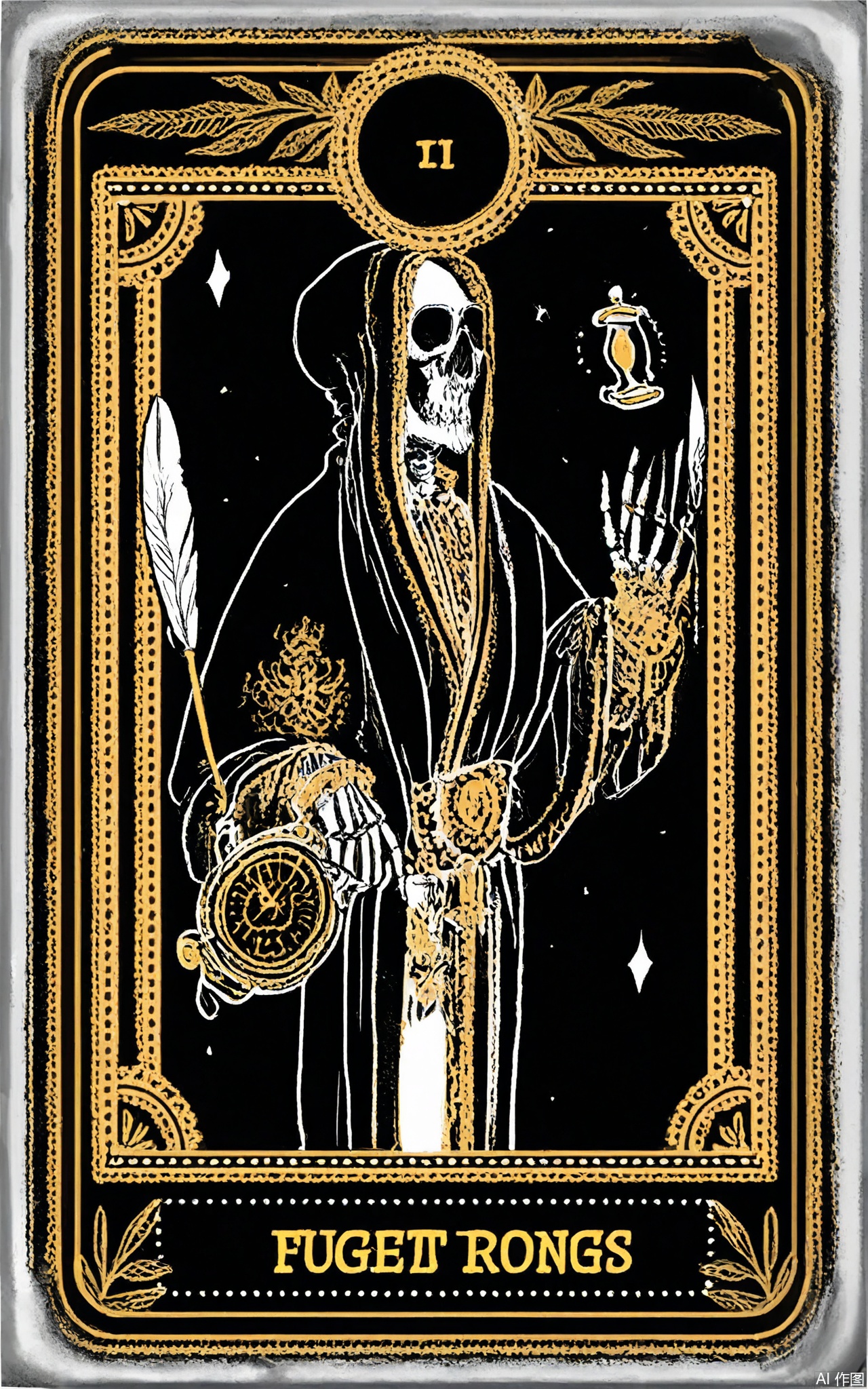 TLPF, A digital illustration in a gothic, vintage style featuring a winged skeleton in a flowing white gown with gold lace, floating above a sprawling Tarot card spread. The skeleton is holding a quill pen in one hand and has a small, floating hourglass beside it. The background is a vast, ancient library filled with dusty tomes and flickering candles, with a large, ominous clock in the corner. The Tarot cards are intricately detailed with scenes of fate and destiny. The overall color scheme is dark with gold and white accents. The image is framed by a decorative border with scroll and key designs.
