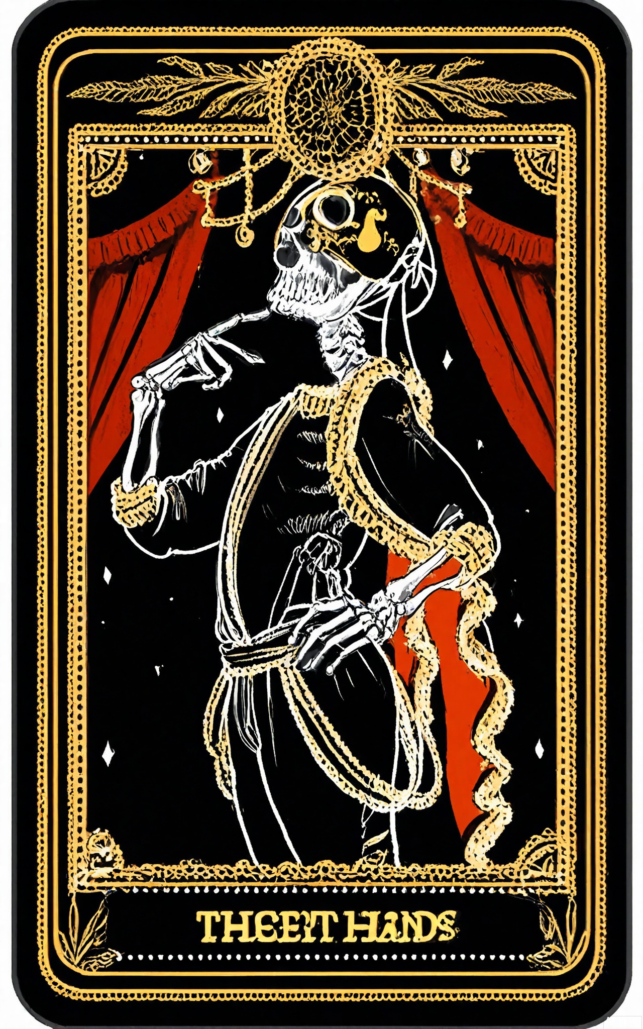 TLPF, A digital illustration in a gothic, vintage style featuring a skeletal dancer in a flowing, black tutu with gold sequins, twirling on a stage made of Tarot cards. The dancer is holding a mask in one hand and has a faint, musical note floating above her head. The background is a dimly lit, opera house with velvet curtains and a large, ornate chandelier. The Tarot card stage is decorated with images of art and creativity. The overall color scheme is dark with gold and black accents. The image is framed by a decorative border with musical note and feather designs.
