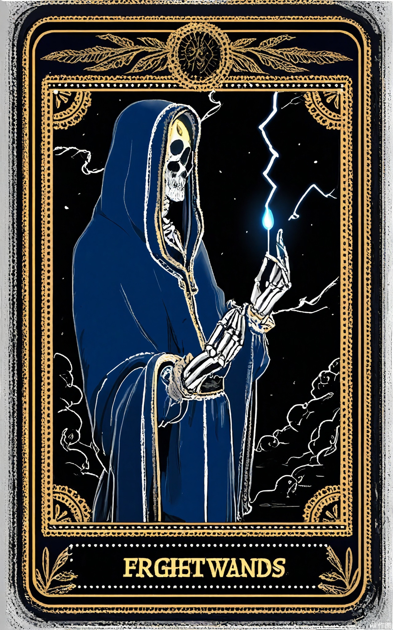 TLPF, A digital illustration in a gothic, vintage style featuring a skeletal sorcerer in a long, blue robe with silver stars, standing in front of a giant, floating Tarot card. The sorcerer is casting a spell with one hand and has a glowing, magical tome in the other. The background is a stormy, night sky filled with lightning and dark clouds, with a large, mysterious portal in the distance. The Tarot card is glowing with arcane energy and depicts a scene of magic and transformation. The overall color scheme is dark with blue and silver accents. The image is framed by a decorative border with spellbook and wand designs.
