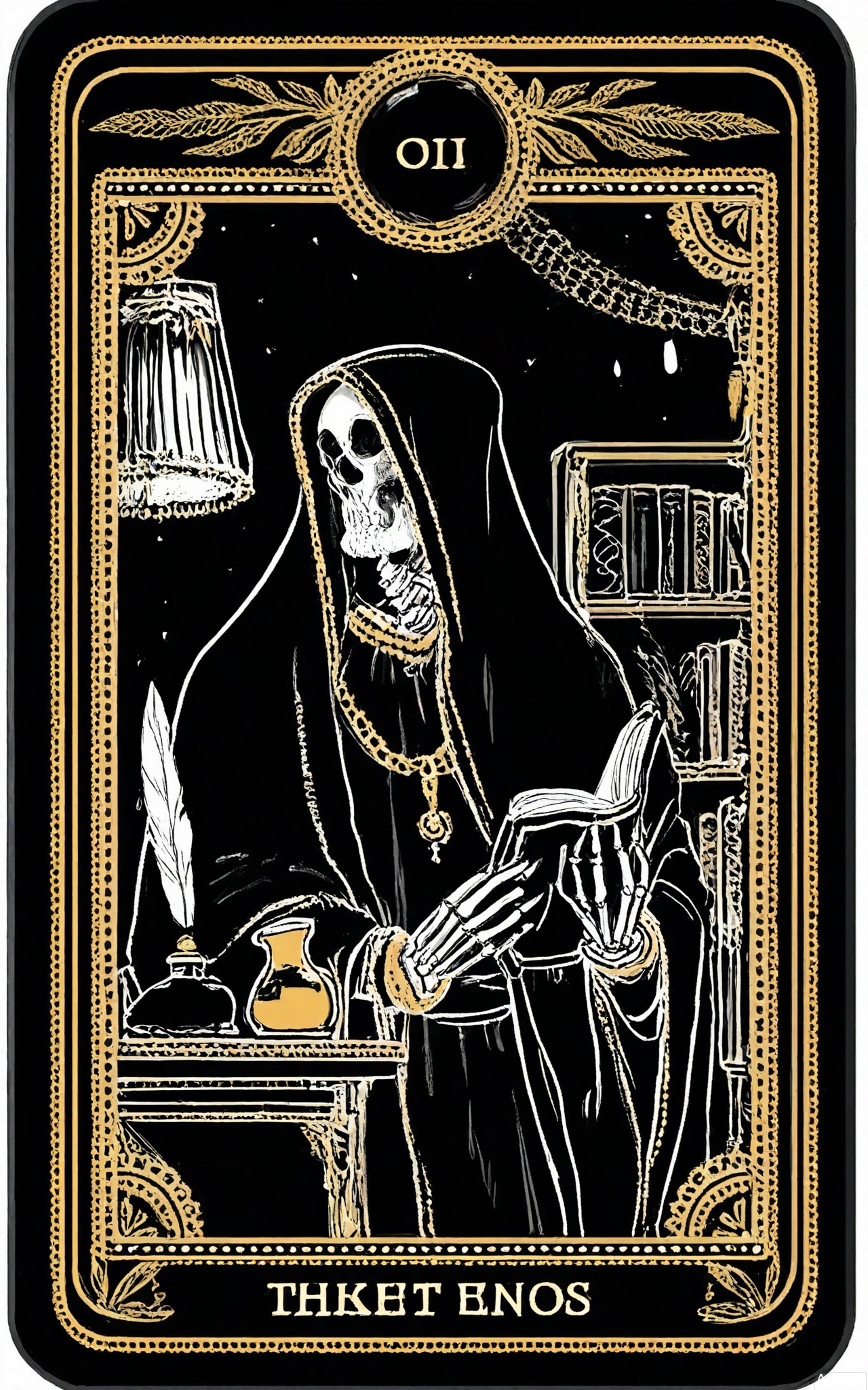 TLPF, A digital illustration in a gothic, vintage style featuring a skeletal scholar in a long, black robe with a silver chain, reading a book made of Tarot cards. The scholar is holding a magnifying glass in one hand and has a quill and inkpot on the table in front. The background is a quiet, study filled with bookshelves and a large, desk with a lamp. The Tarot card book is open to a page filled with ancient knowledge and secrets. The overall color scheme is dark with silver and black accents. The image is framed by a decorative border with book and quill designs.
