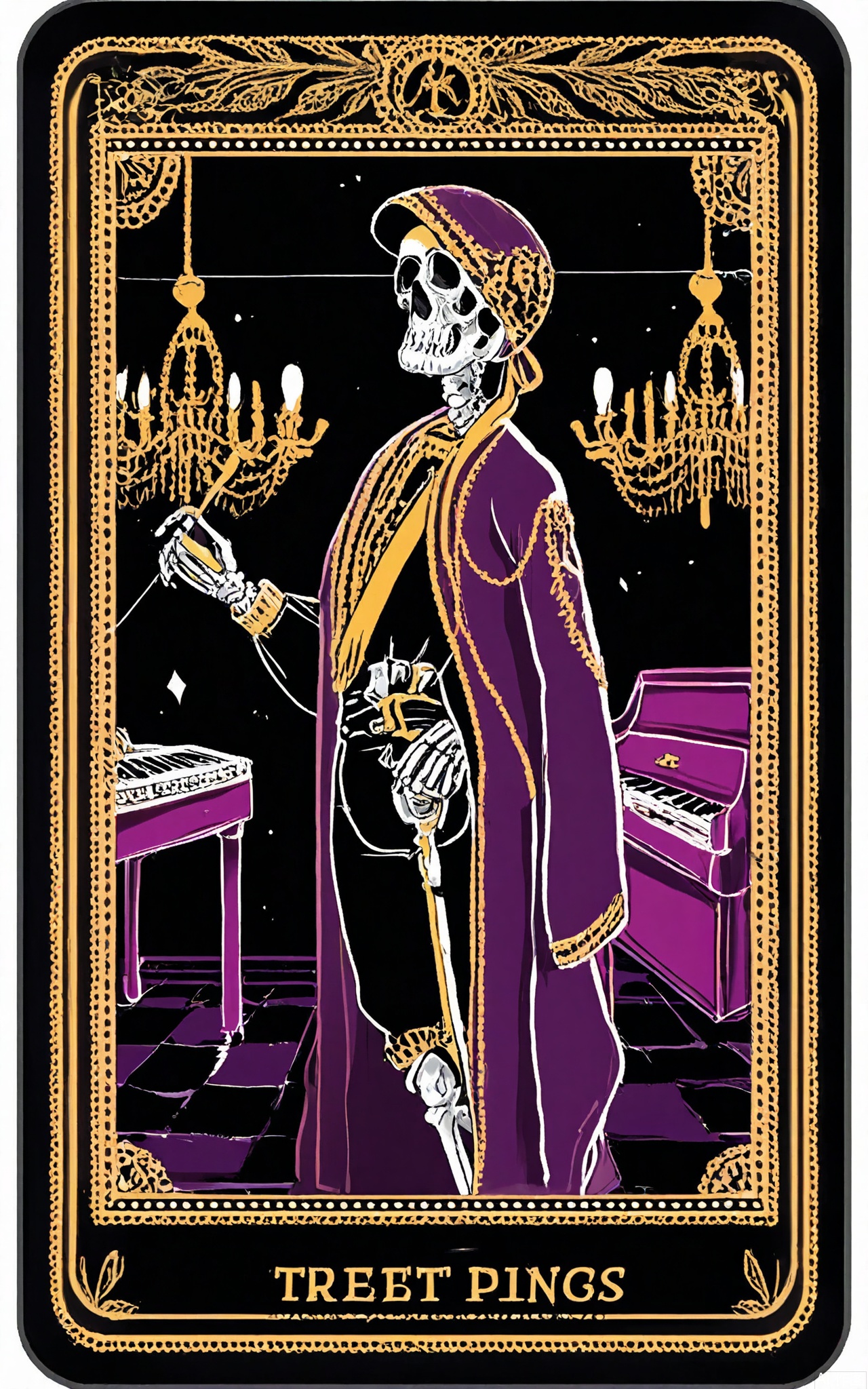 TLPF, A digital illustration in a gothic, vintage style featuring a skeletal musician in a long, purple velvet coat with gold fringe, playing a piano made of Tarot cards. The musician is holding a sheet of music with skulls on the notes in one hand and has a conductor's baton in the other. The background is a grand, concert hall filled with empty seats and a large, chandelier. The Tarot card piano is decorated with musical notes and images of harmony. The overall color scheme is dark with purple and gold accents. The image is framed by a decorative border with musical note and piano key designs.
