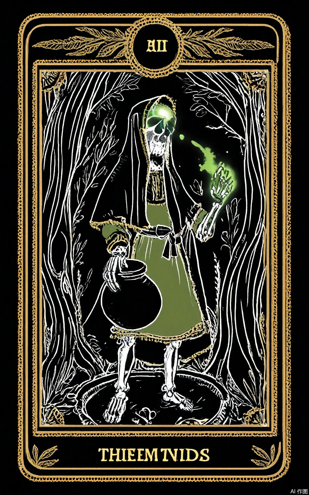 TLPF, A digital illustration in a gothic, vintage style featuring a skeletal witch in a long, green dress with black lace, stirring a cauldron made of Tarot cards. The witch is holding a broomstick in one hand and has a small, black cat with glowing eyes at her feet. The background is a dark, forest filled with twisted trees and a large, full moon shining through the branches. The Tarot card cauldron is bubbling with mysterious liquids and has images of magic and potions. The overall color scheme is dark with green and black accents. The image is framed by a decorative border with cauldron and broomstick designs.
