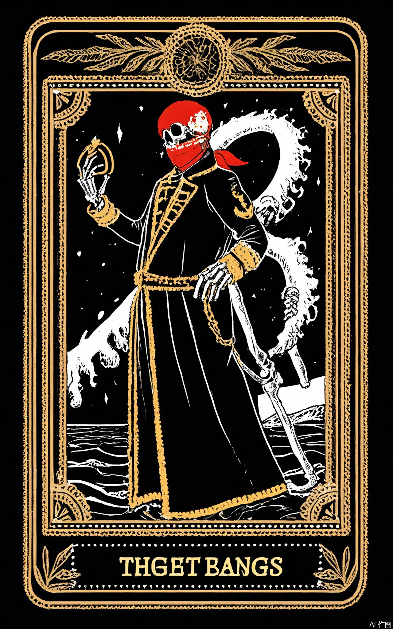 TLPF, A digital illustration in a gothic, vintage style featuring a skeletal pirate in a tattered, red bandana and a long, black coat with gold trim, standing on the deck of a ship made of Tarot cards. The pirate is holding a cutlass in one hand and has a parrot with a skull on its head perched on his shoulder. The background is a stormy, ocean with waves crashing against the ship and a large, kraken emerging from the depths. The Tarot card ship is decorated with images of adventure and danger. The overall color scheme is dark with red and gold accents. The image is framed by a decorative border with anchor and compass designs.
