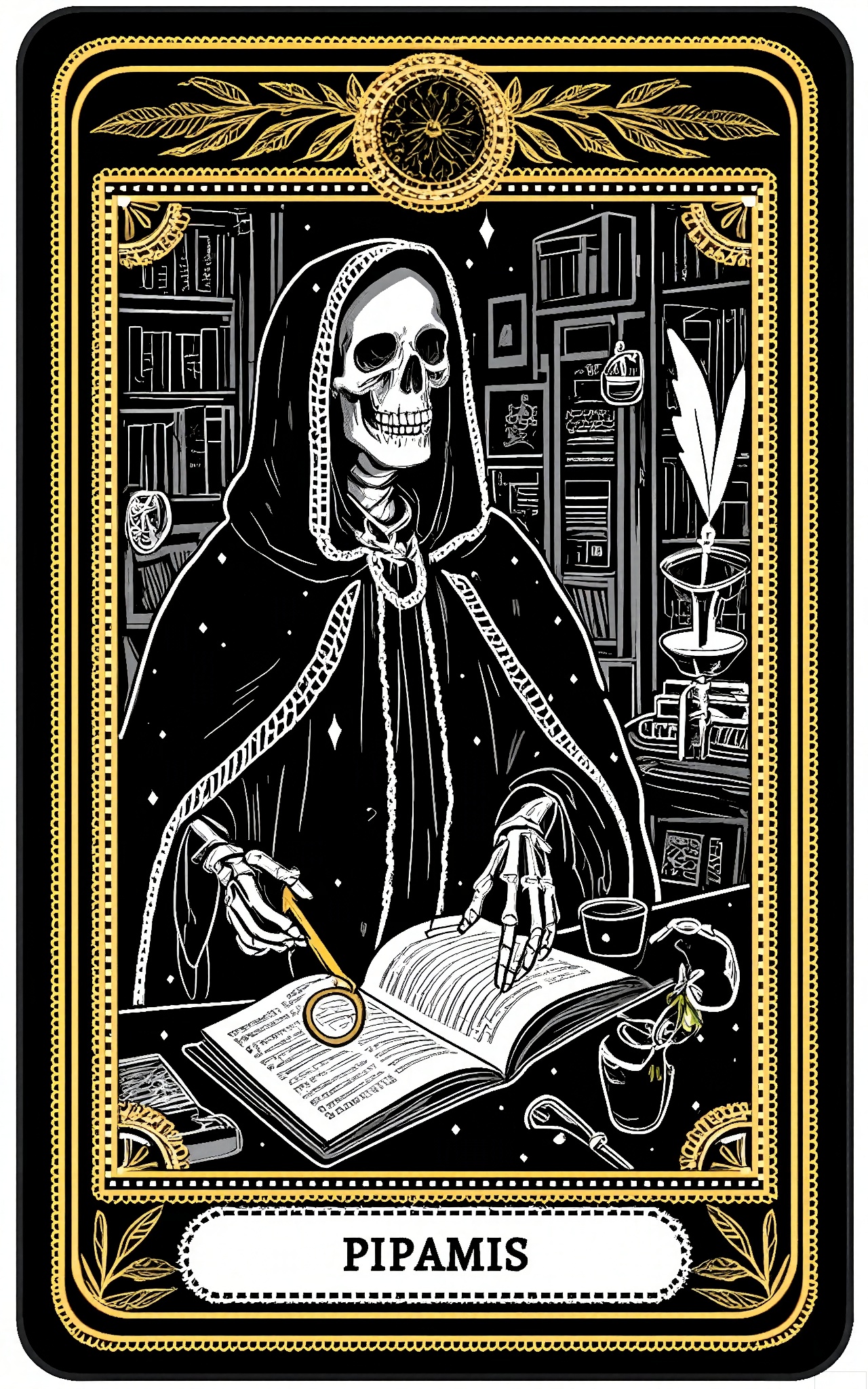 TLPF, A digital illustration in a gothic, vintage style featuring a skeletal scholar in a long, black robe with a silver chain, reading a book made of Tarot cards. The scholar is holding a magnifying glass in one hand and has a quill and inkpot on the table in front. The background is a quiet, study filled with bookshelves and a large, desk with a lamp. The Tarot card book is open to a page filled with ancient knowledge and secrets. The overall color scheme is dark with silver and black accents. The image is framed by a decorative border with book and quill designs.

